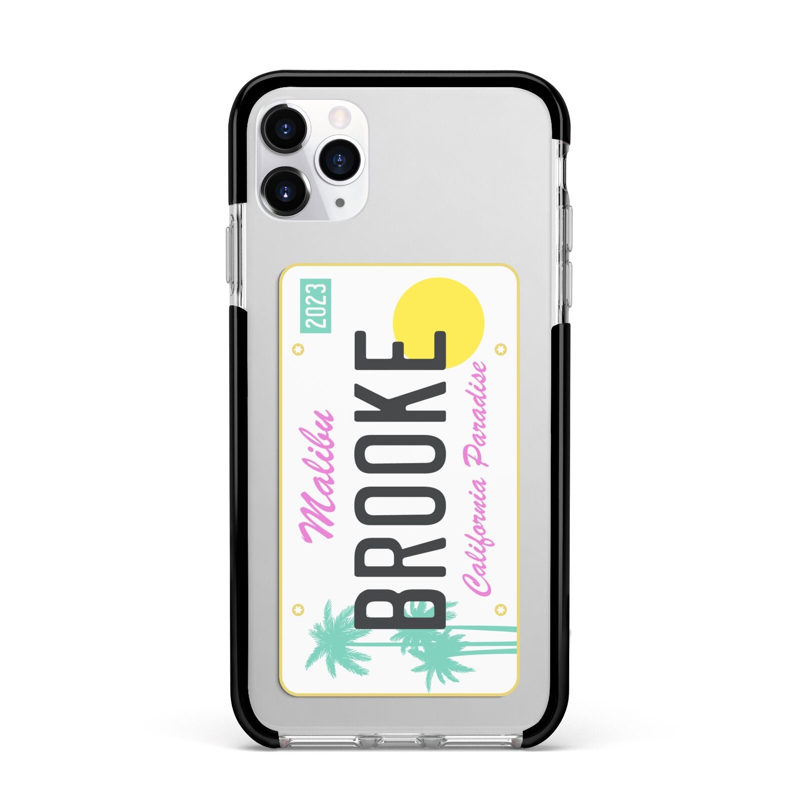 Personalised Malibu License Plate Apple iPhone 11 Pro Max in Silver with Black Impact Case