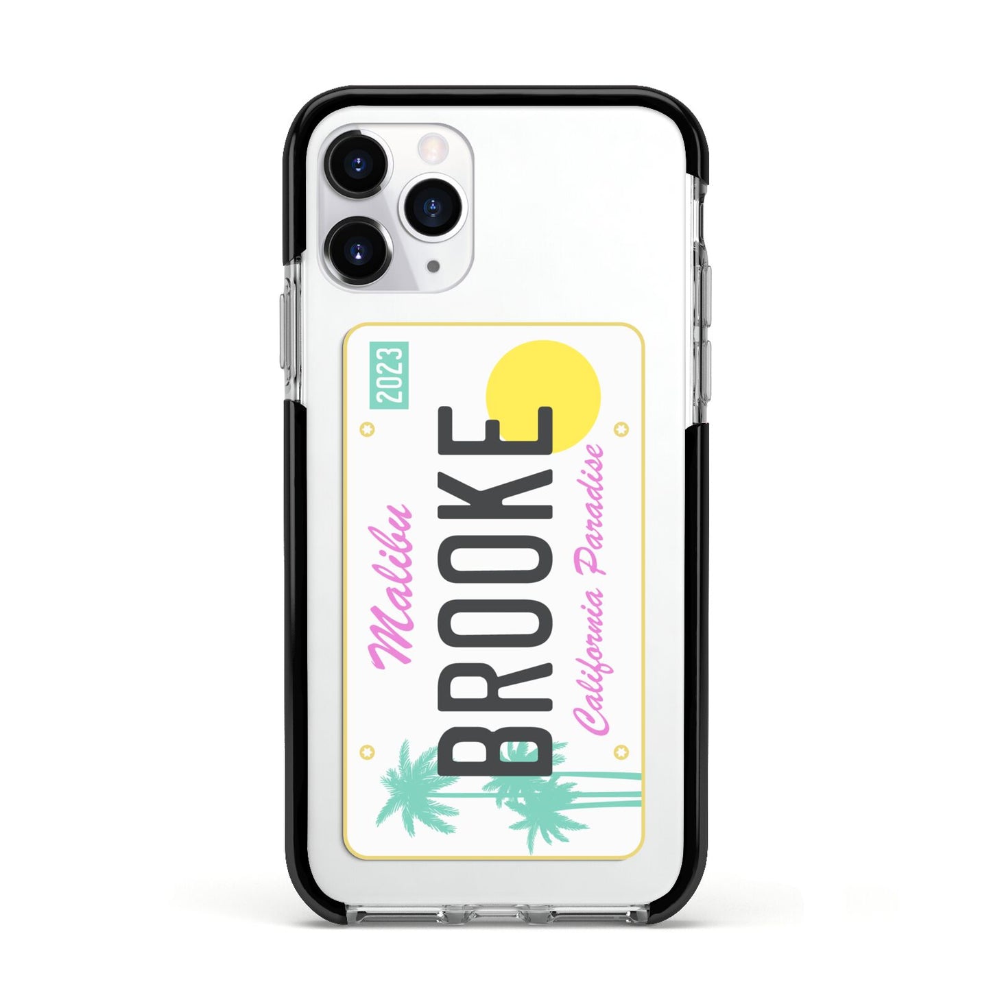 Personalised Malibu License Plate Apple iPhone 11 Pro in Silver with Black Impact Case