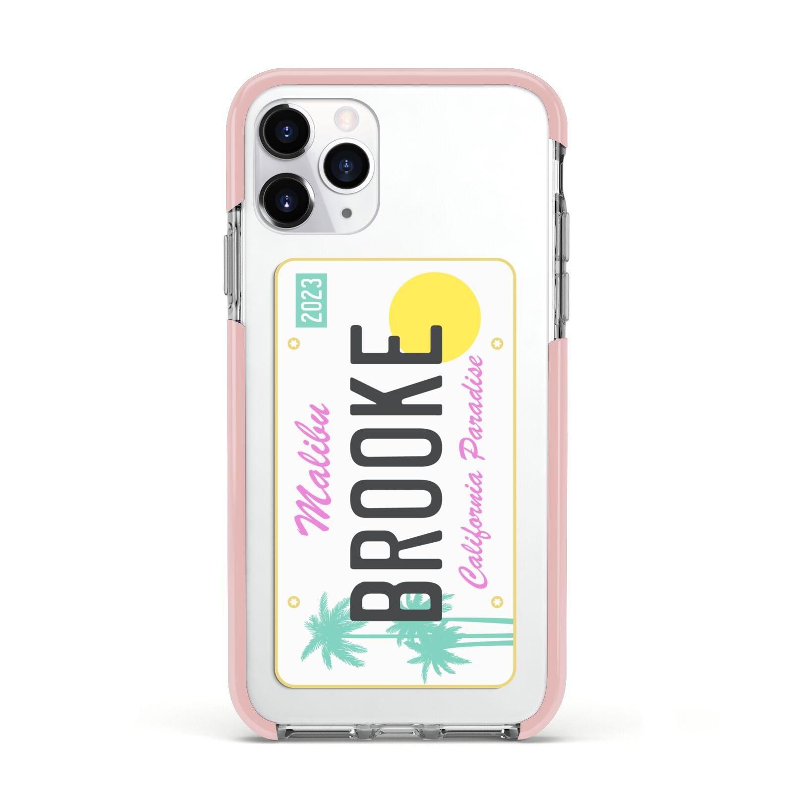 Personalised Malibu License Plate Apple iPhone 11 Pro in Silver with Pink Impact Case