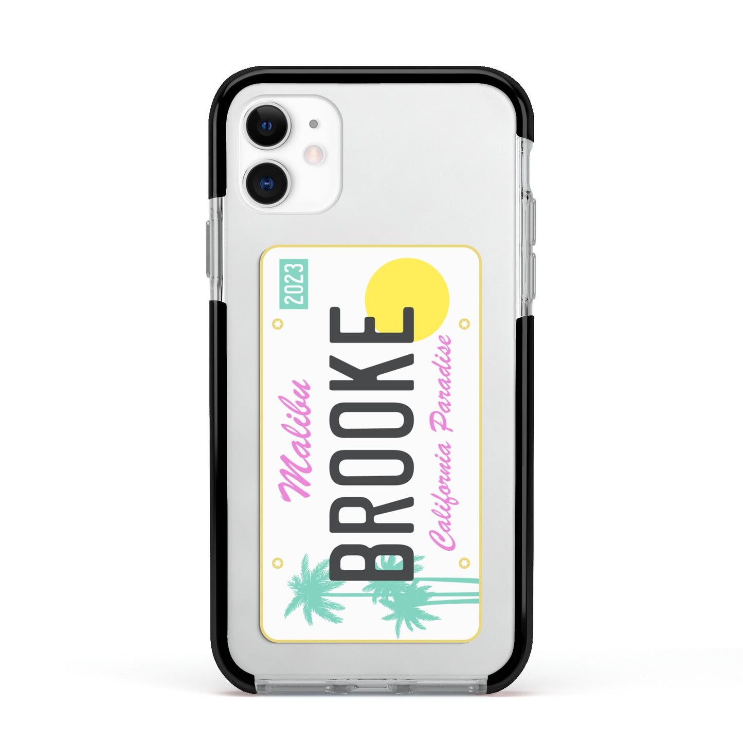 Personalised Malibu License Plate Apple iPhone 11 in White with Black Impact Case