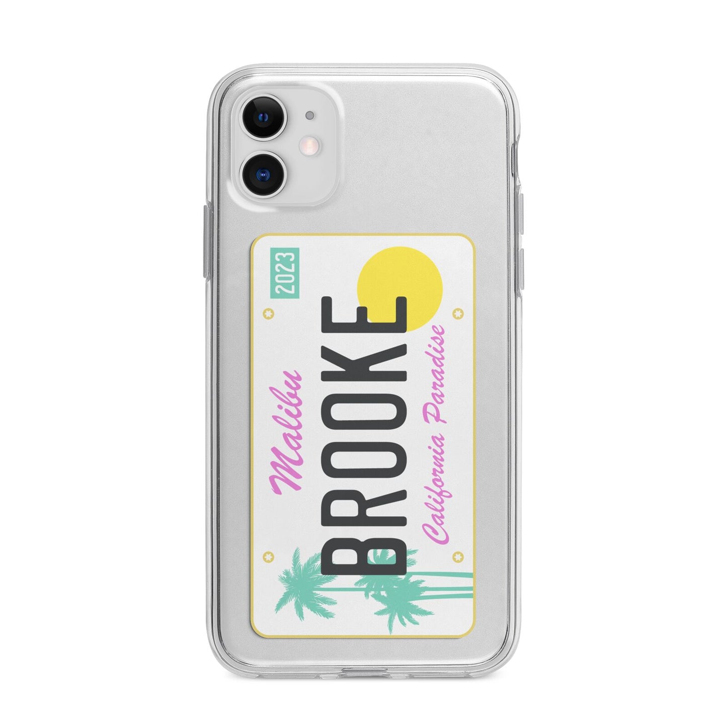 Personalised Malibu License Plate Apple iPhone 11 in White with Bumper Case