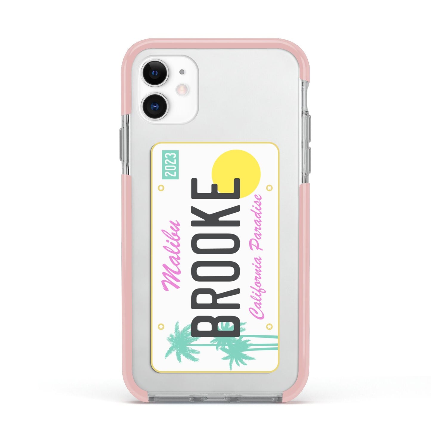 Personalised Malibu License Plate Apple iPhone 11 in White with Pink Impact Case