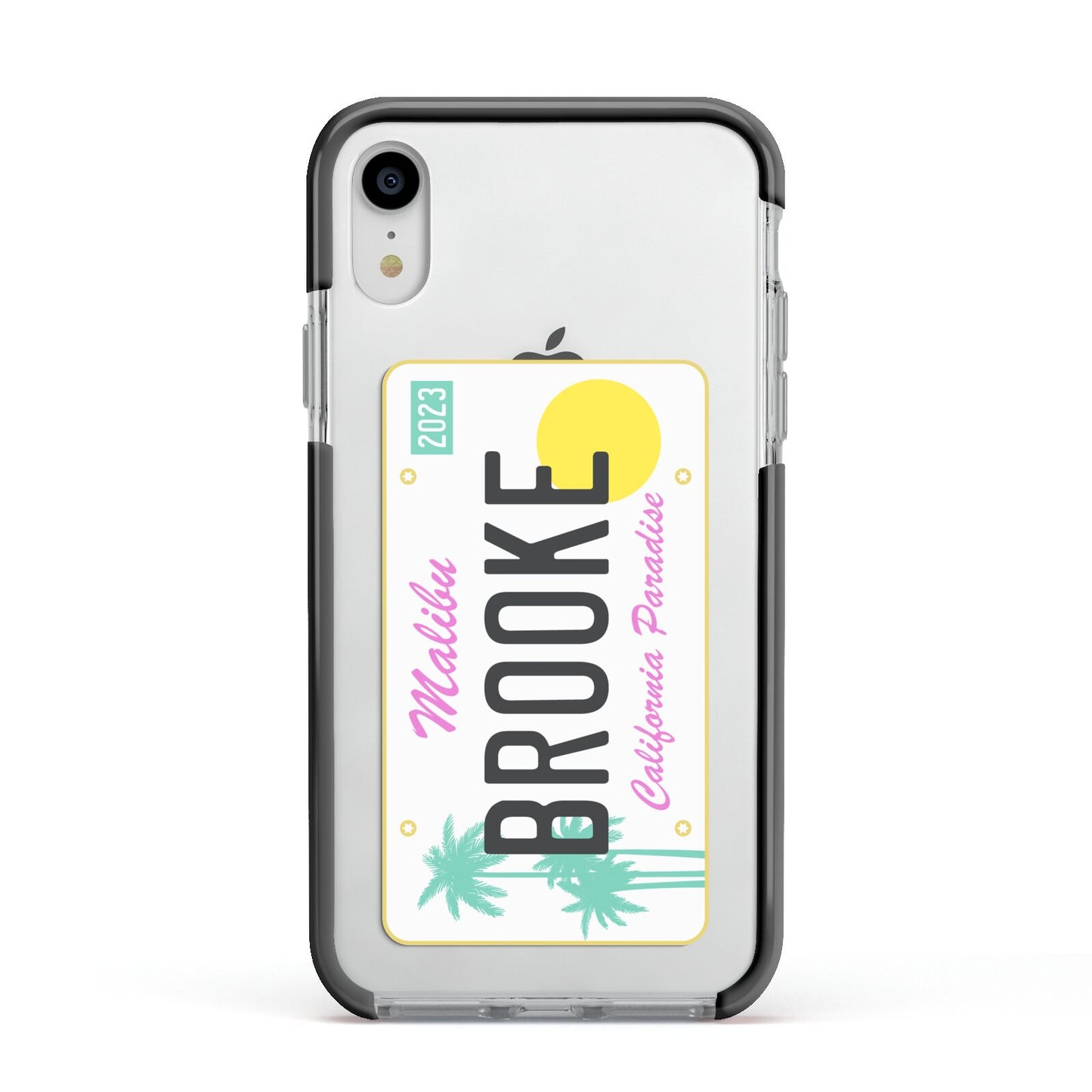 Personalised Malibu License Plate Apple iPhone XR Impact Case Black Edge on Silver Phone