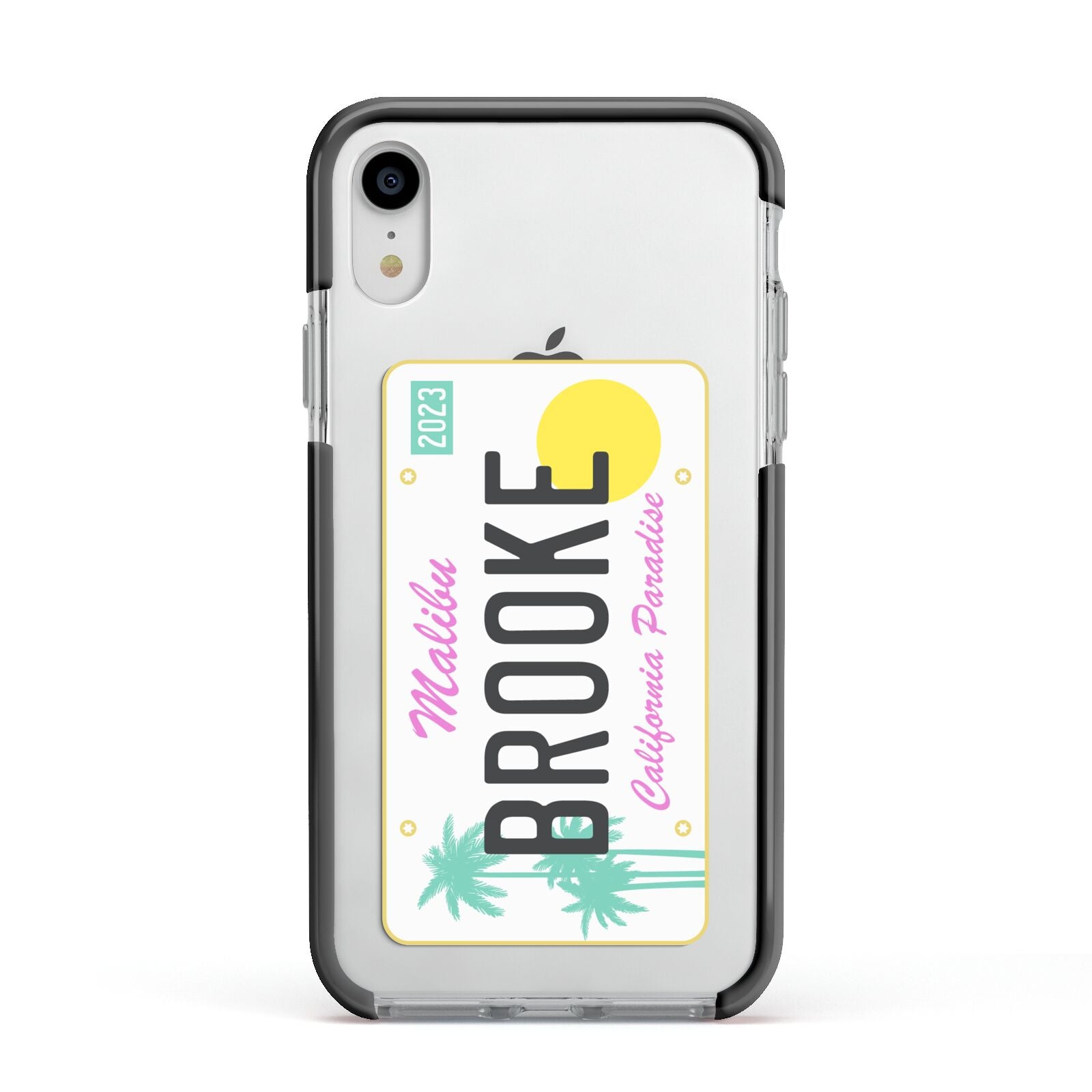 Personalised Malibu License Plate Apple iPhone XR Impact Case Black Edge on Silver Phone