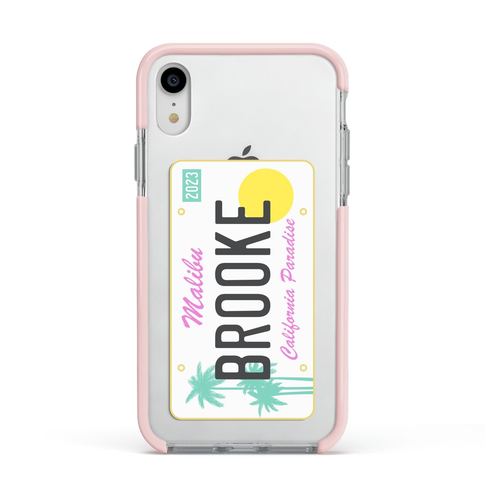 Personalised Malibu License Plate Apple iPhone XR Impact Case Pink Edge on Silver Phone