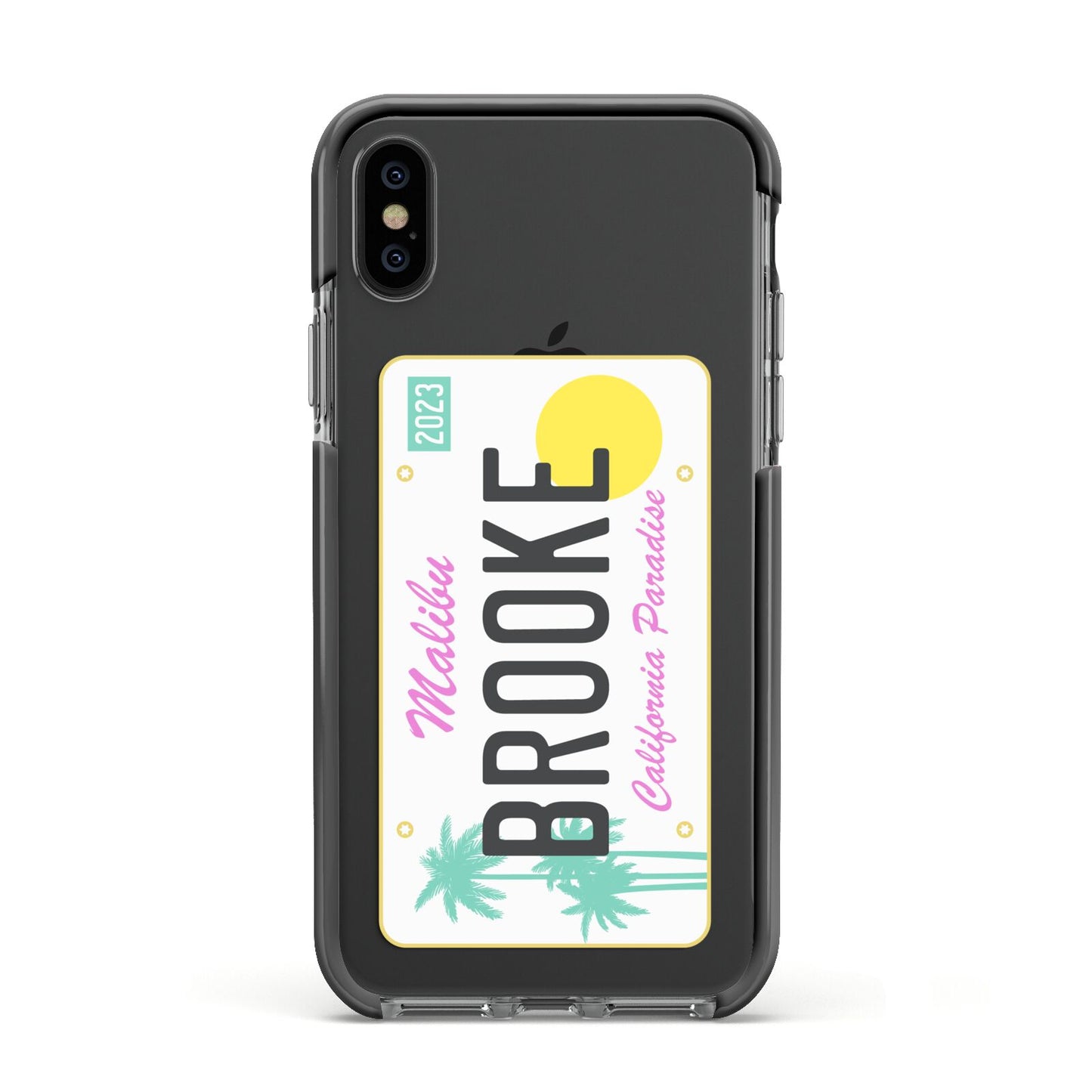 Personalised Malibu License Plate Apple iPhone Xs Impact Case Black Edge on Black Phone