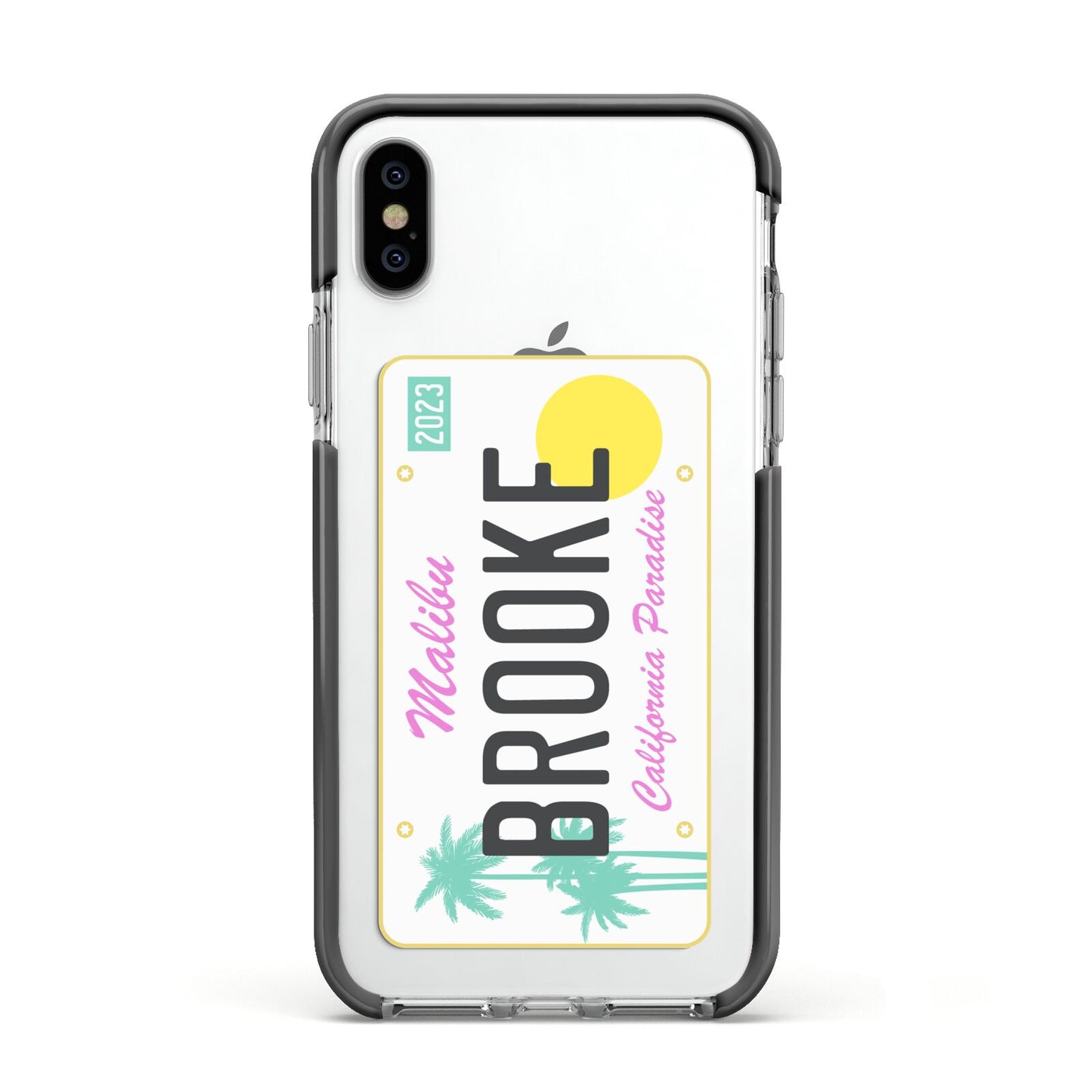 Personalised Malibu License Plate Apple iPhone Xs Impact Case Black Edge on Silver Phone