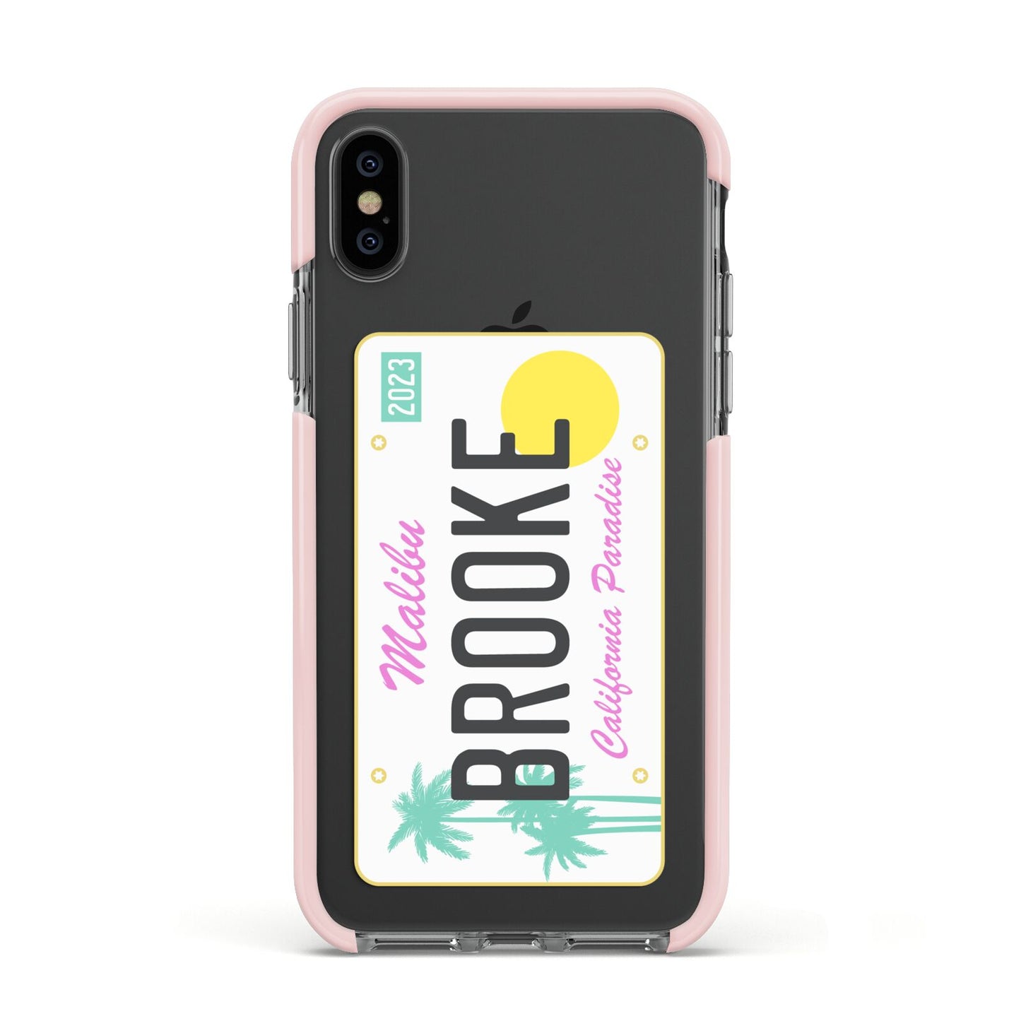 Personalised Malibu License Plate Apple iPhone Xs Impact Case Pink Edge on Black Phone