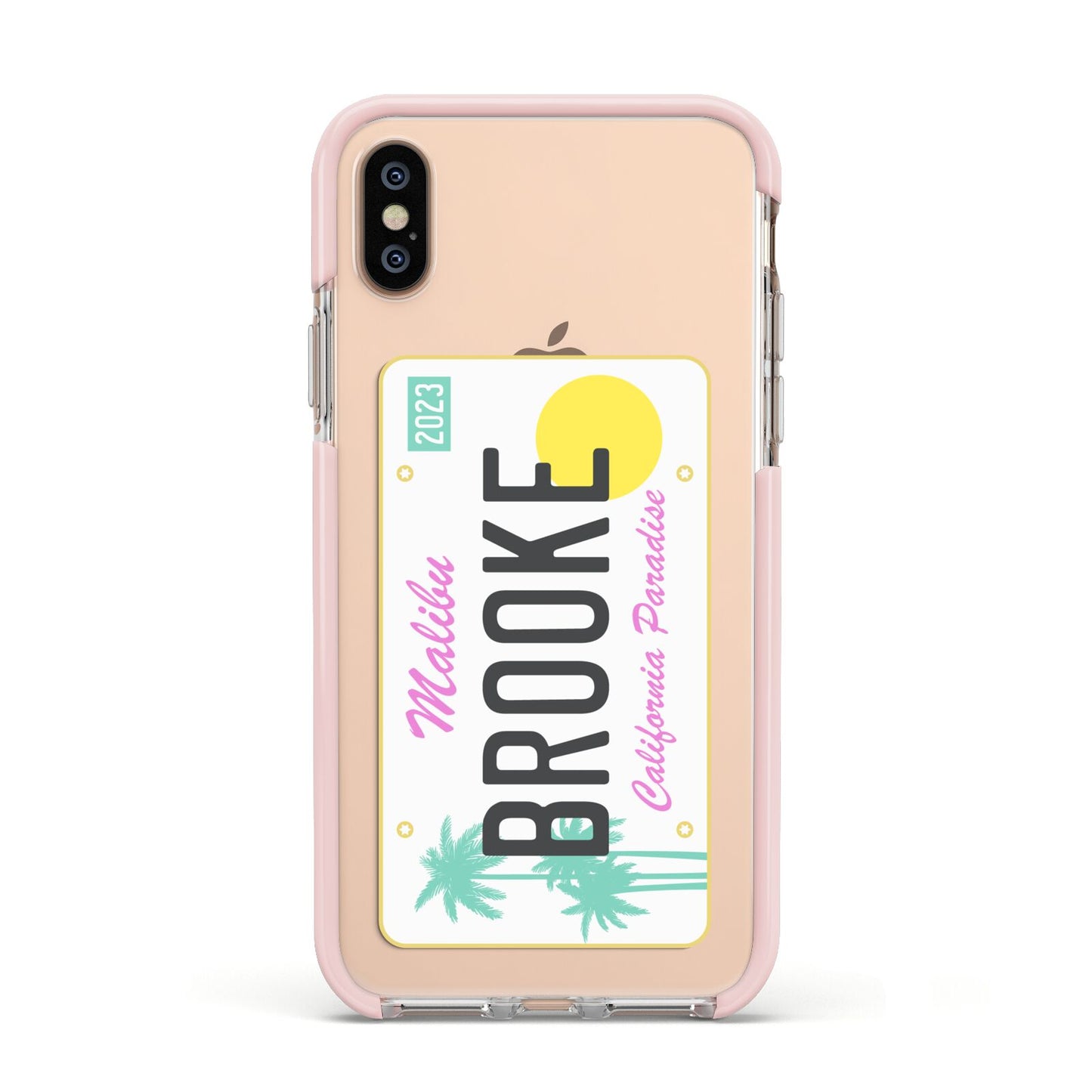 Personalised Malibu License Plate Apple iPhone Xs Impact Case Pink Edge on Gold Phone