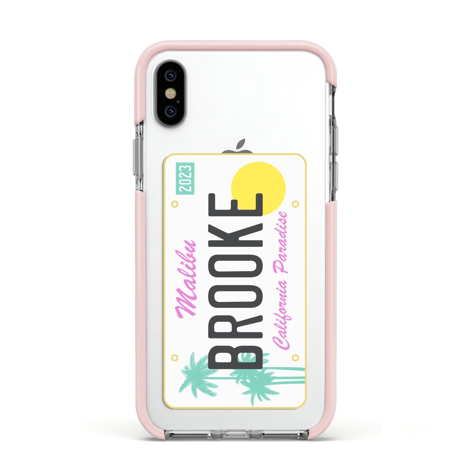 Personalised Malibu License Plate Apple iPhone Xs Impact Case Pink Edge on Silver Phone
