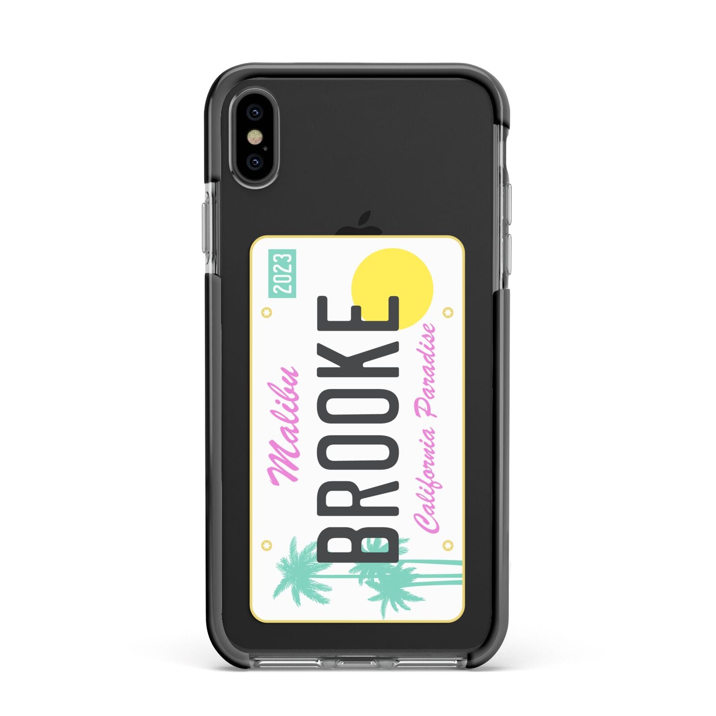 Personalised Malibu License Plate Apple iPhone Xs Max Impact Case Black Edge on Black Phone