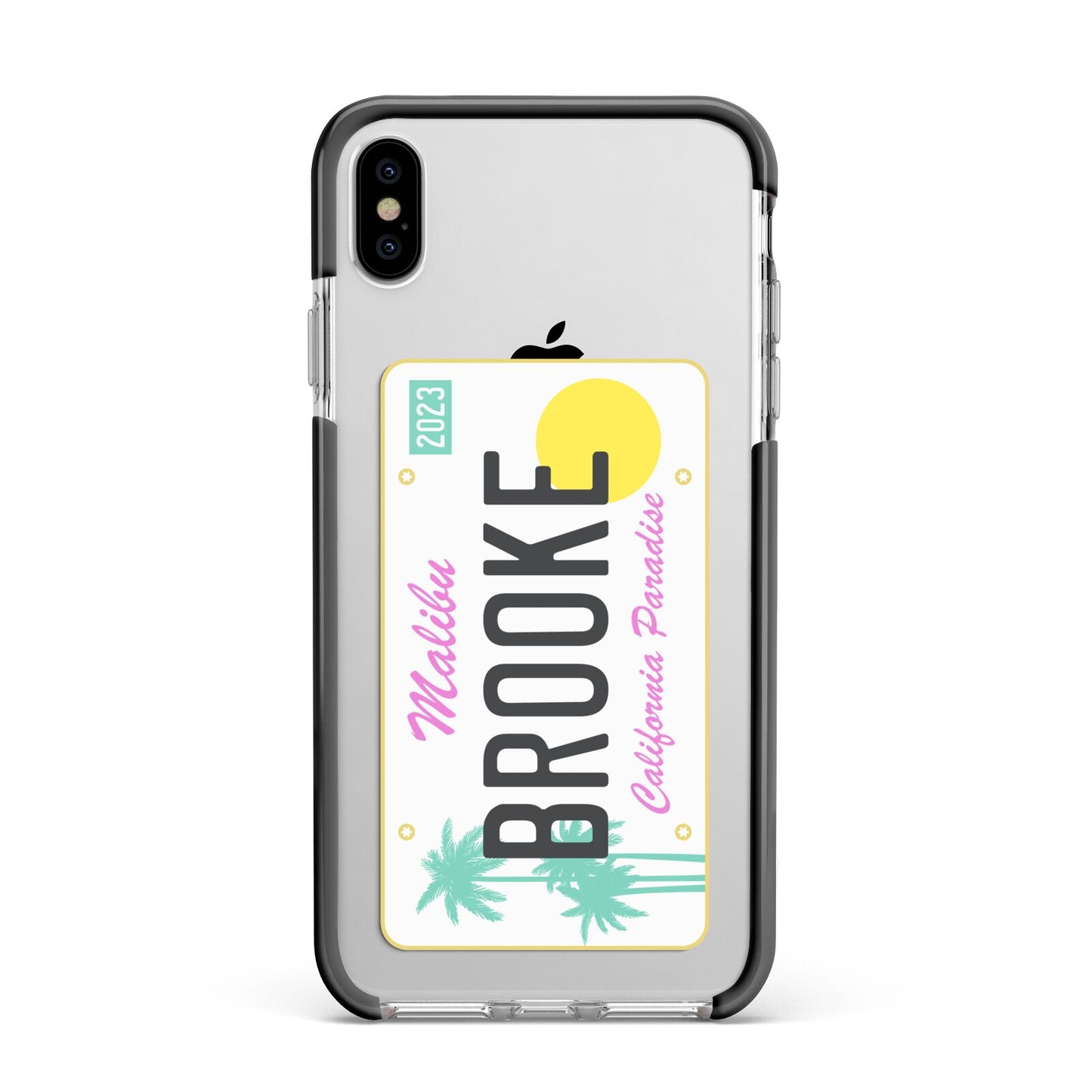 Personalised Malibu License Plate Apple iPhone Xs Max Impact Case Black Edge on Silver Phone