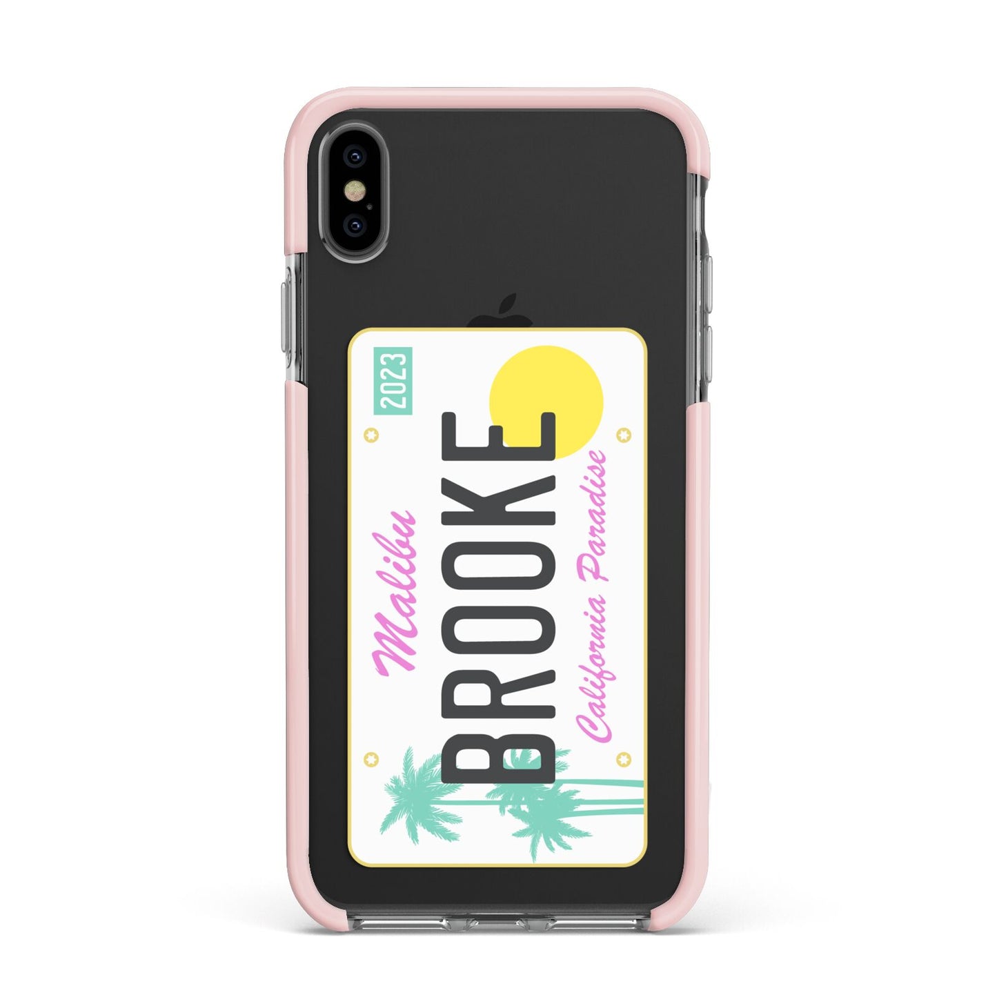 Personalised Malibu License Plate Apple iPhone Xs Max Impact Case Pink Edge on Black Phone