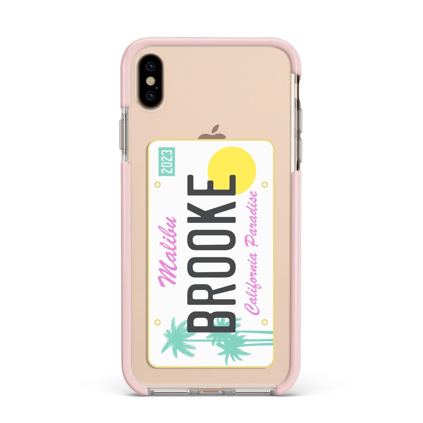 Personalised Malibu License Plate Apple iPhone Xs Max Impact Case Pink Edge on Gold Phone