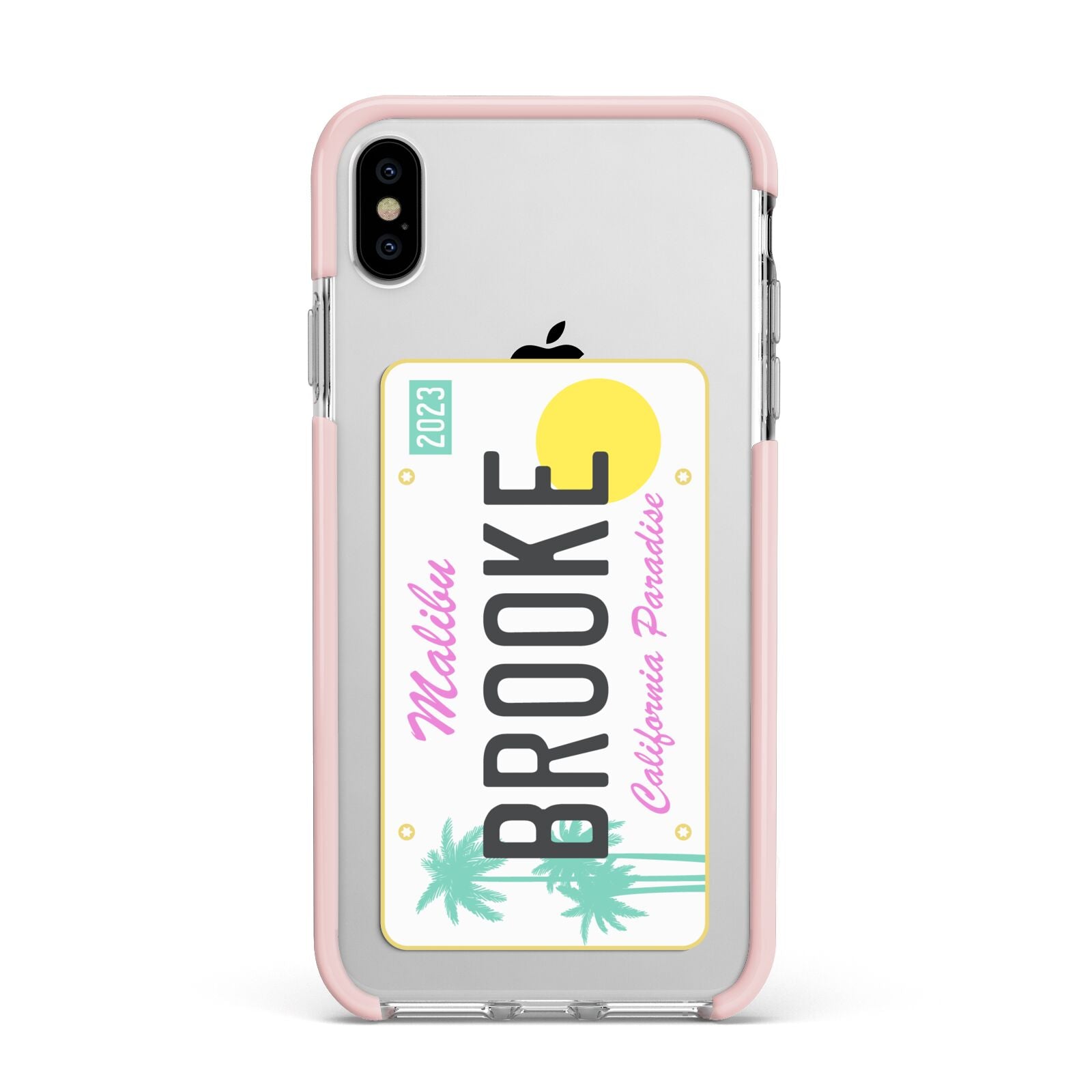 Personalised Malibu License Plate Apple iPhone Xs Max Impact Case Pink Edge on Silver Phone
