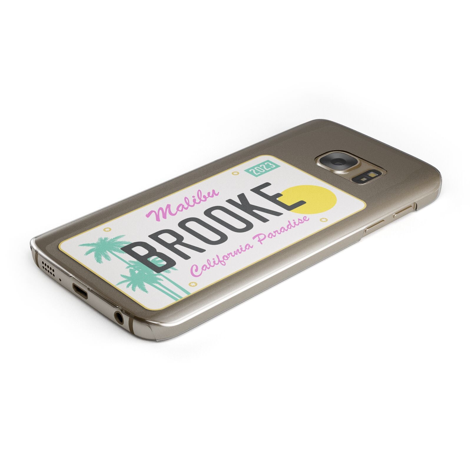 Personalised Malibu License Plate Protective Samsung Galaxy Case Angled Image