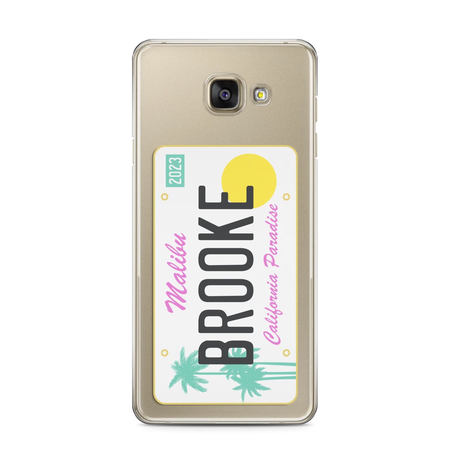 Personalised Malibu License Plate Samsung Galaxy A3 2016 Case on gold phone