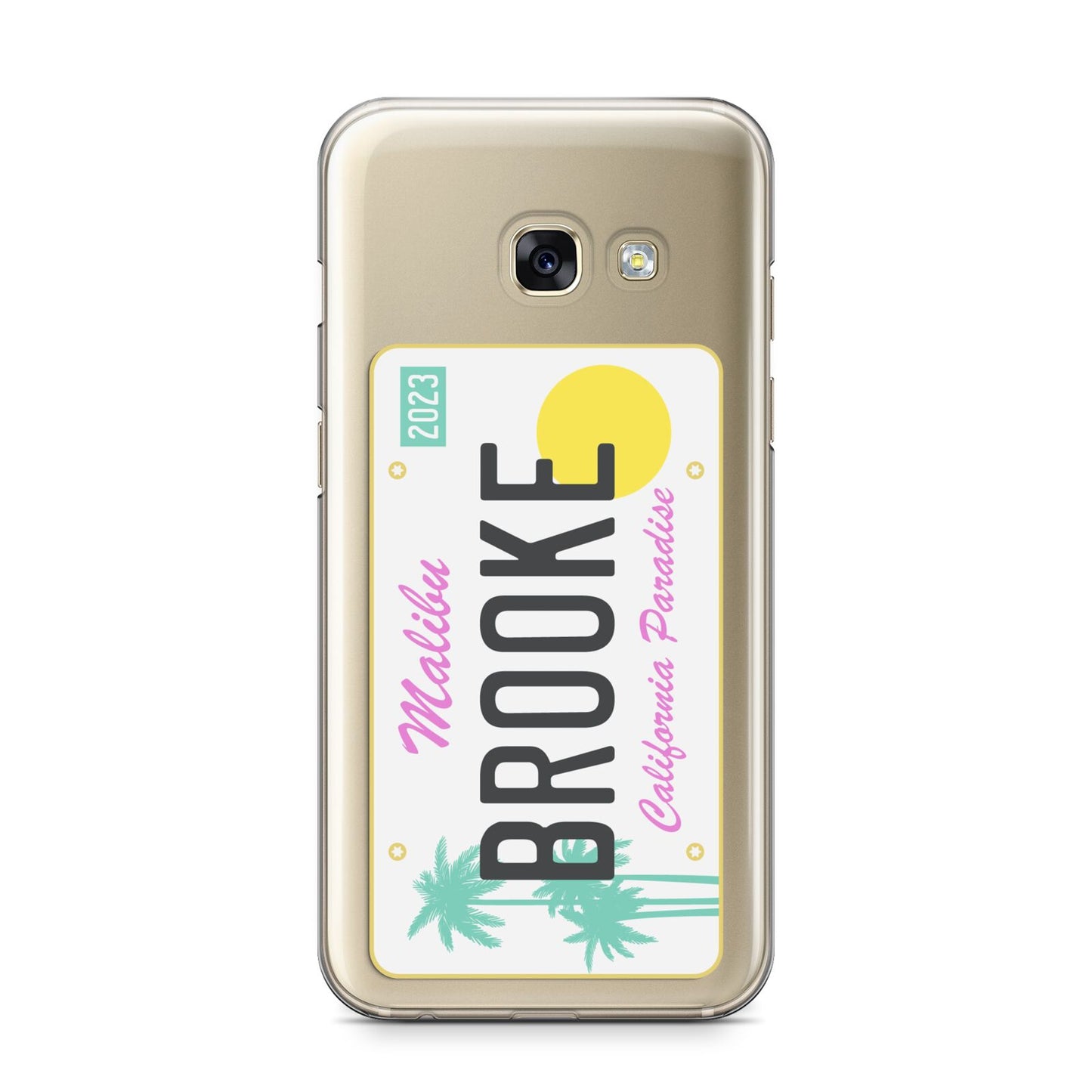Personalised Malibu License Plate Samsung Galaxy A3 2017 Case on gold phone