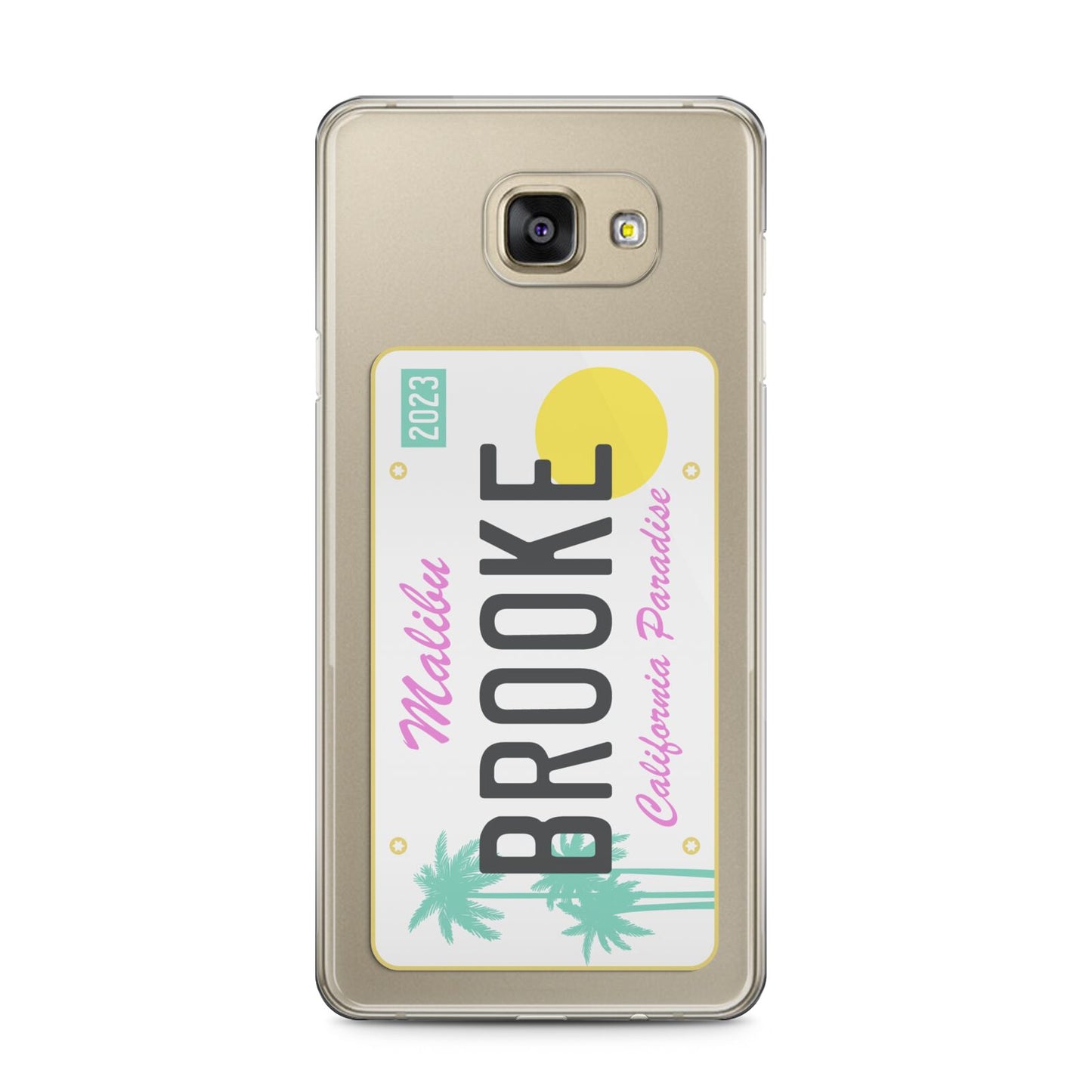 Personalised Malibu License Plate Samsung Galaxy A5 2016 Case on gold phone