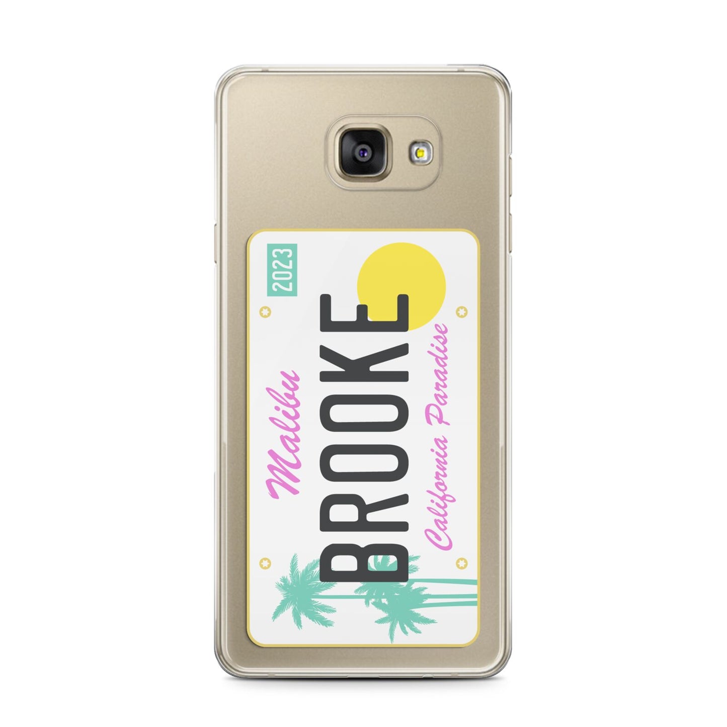 Personalised Malibu License Plate Samsung Galaxy A7 2016 Case on gold phone