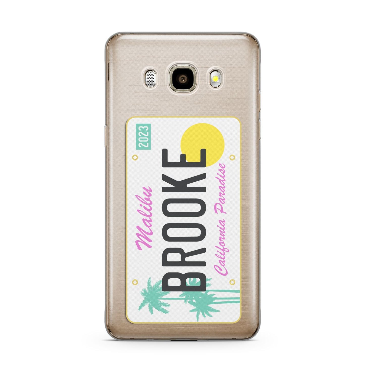 Personalised Malibu License Plate Samsung Galaxy J7 2016 Case on gold phone