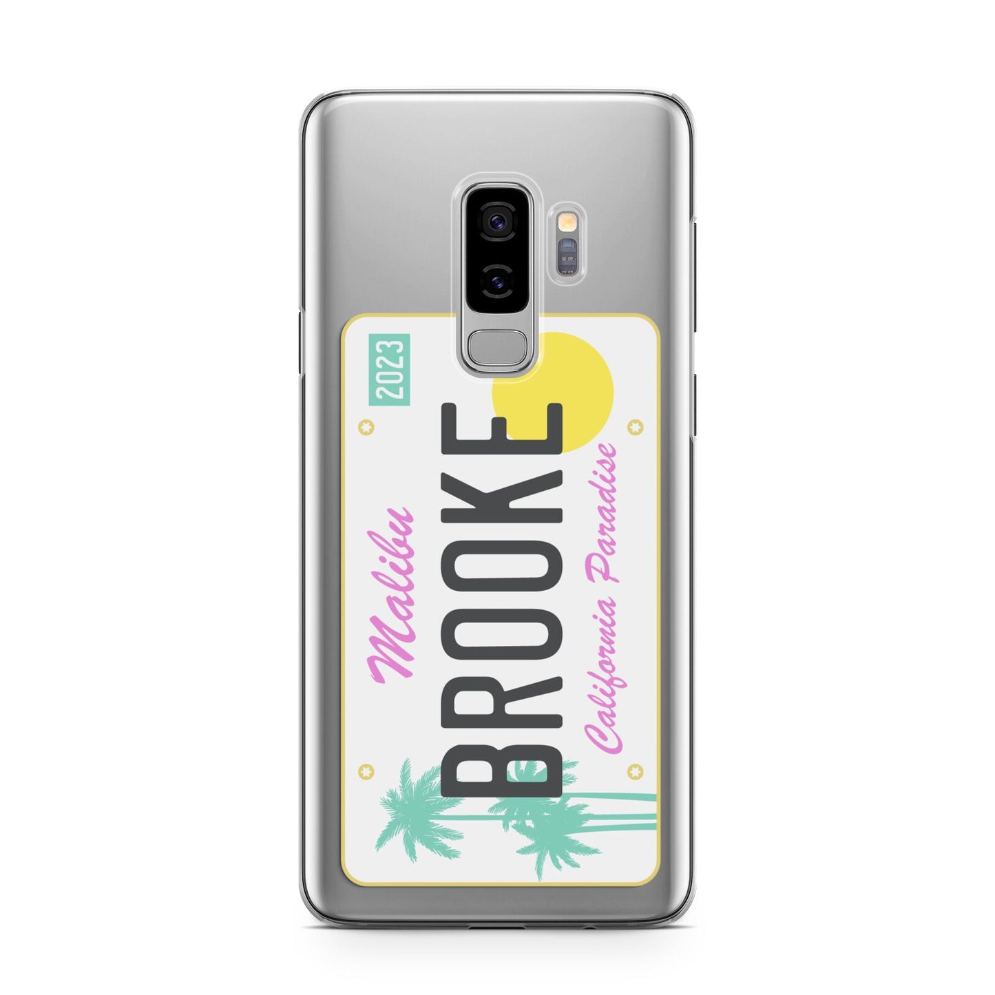 Personalised Malibu License Plate Samsung Galaxy S9 Plus Case on Silver phone