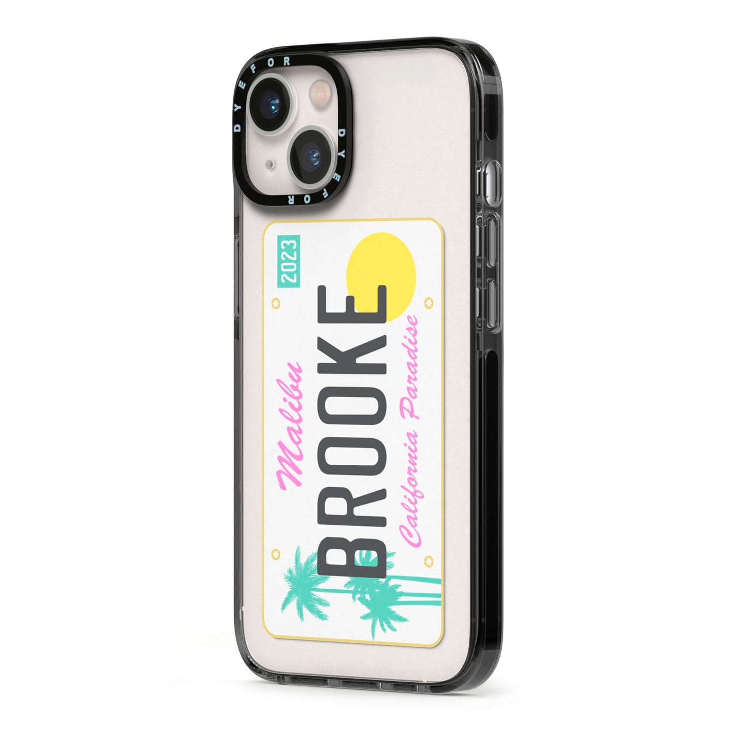 Personalised Malibu License Plate iPhone 13 Black Impact Case Side Angle on Silver phone