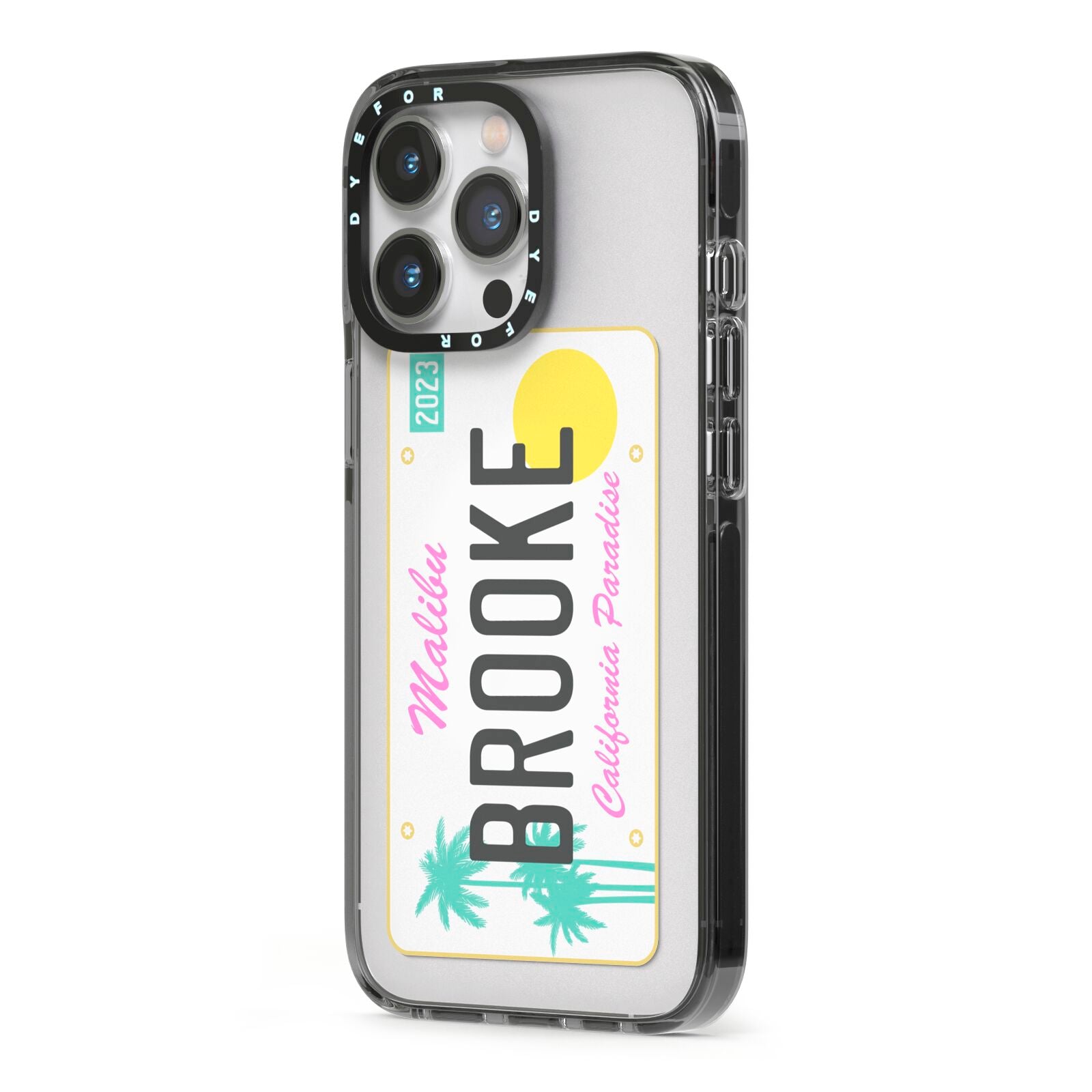 Personalised Malibu License Plate iPhone 13 Pro Black Impact Case Side Angle on Silver phone