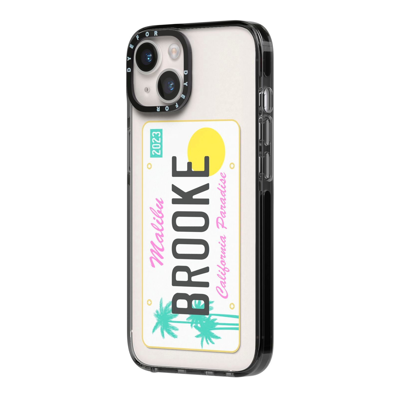 Personalised Malibu License Plate iPhone 14 Black Impact Case Side Angle on Silver phone