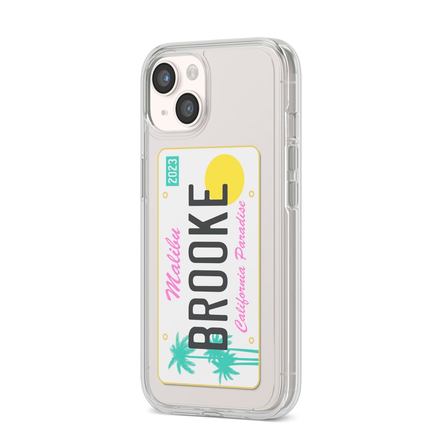 Personalised Malibu License Plate iPhone 14 Clear Tough Case Starlight Angled Image