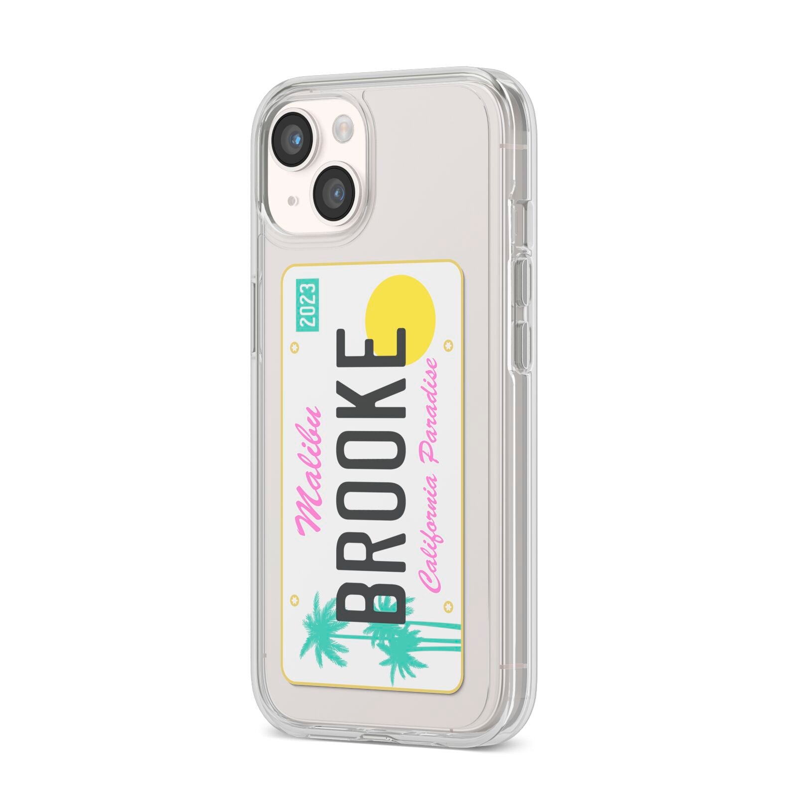 Personalised Malibu License Plate iPhone 14 Clear Tough Case Starlight Angled Image