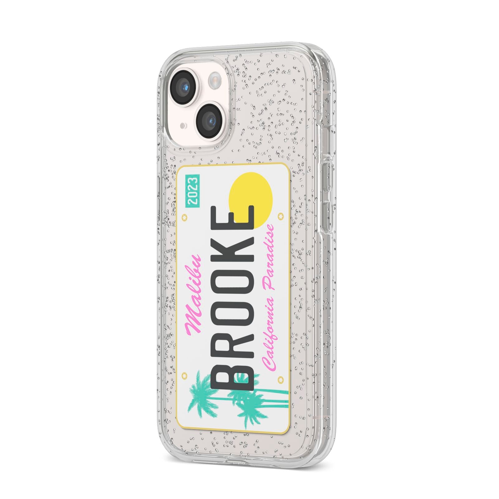 Personalised Malibu License Plate iPhone 14 Glitter Tough Case Starlight Angled Image
