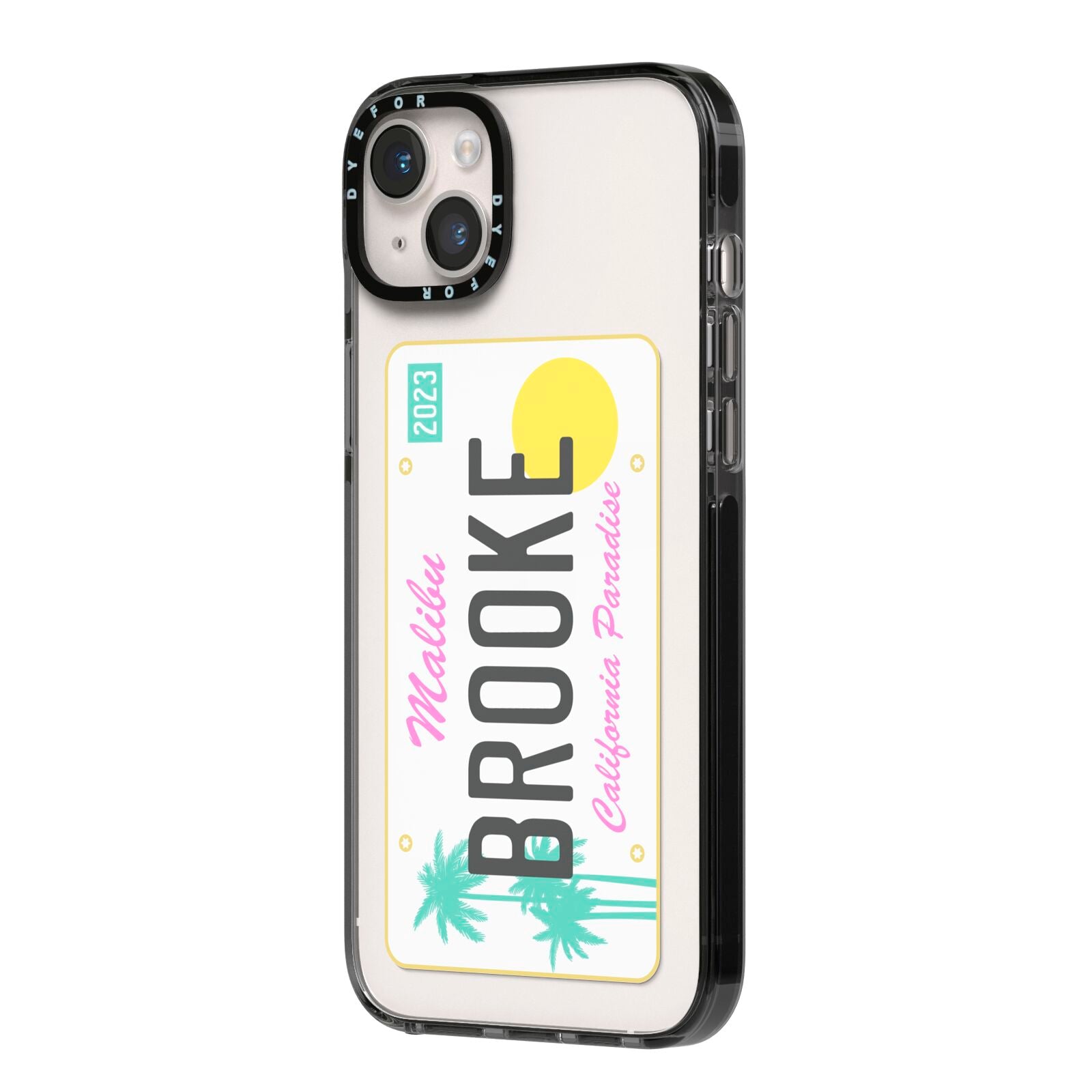 Personalised Malibu License Plate iPhone 14 Plus Black Impact Case Side Angle on Silver phone