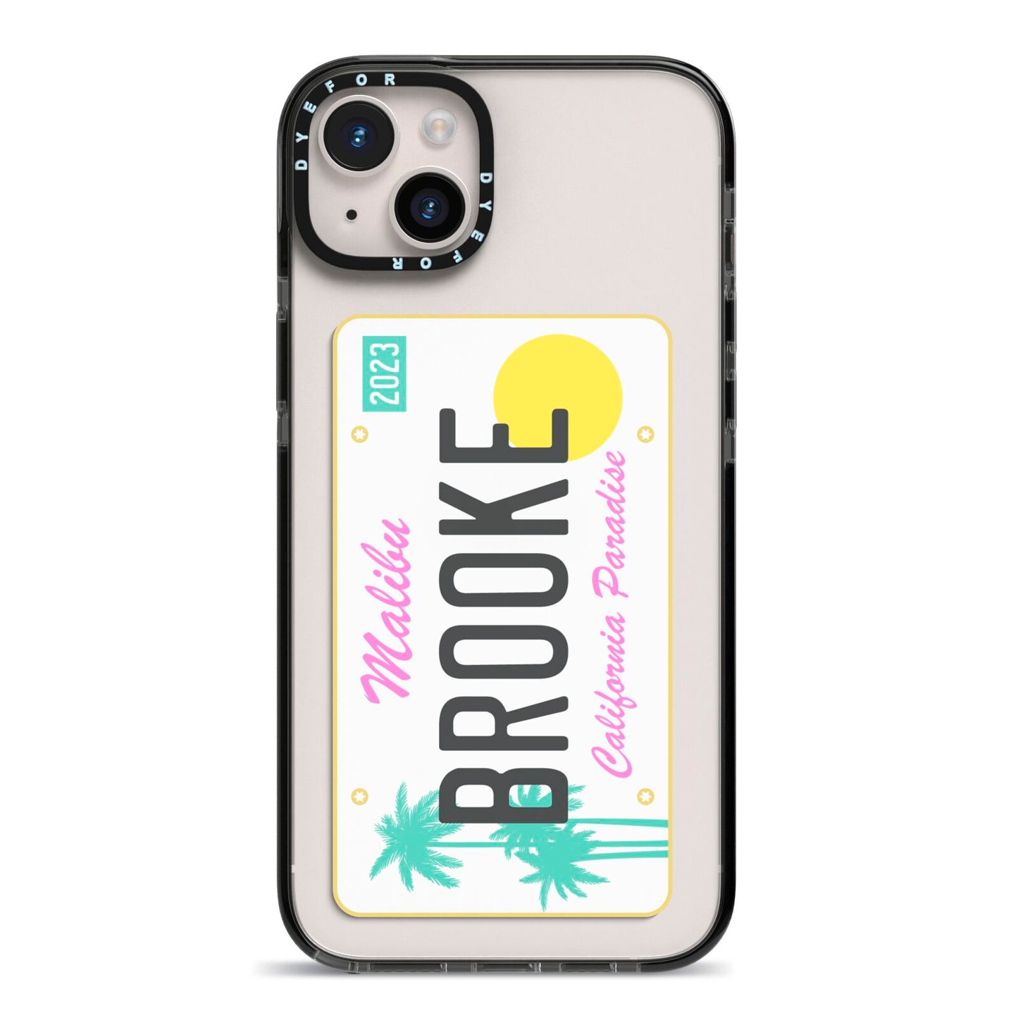 Personalised Malibu License Plate iPhone 14 Plus Black Impact Case on Silver phone