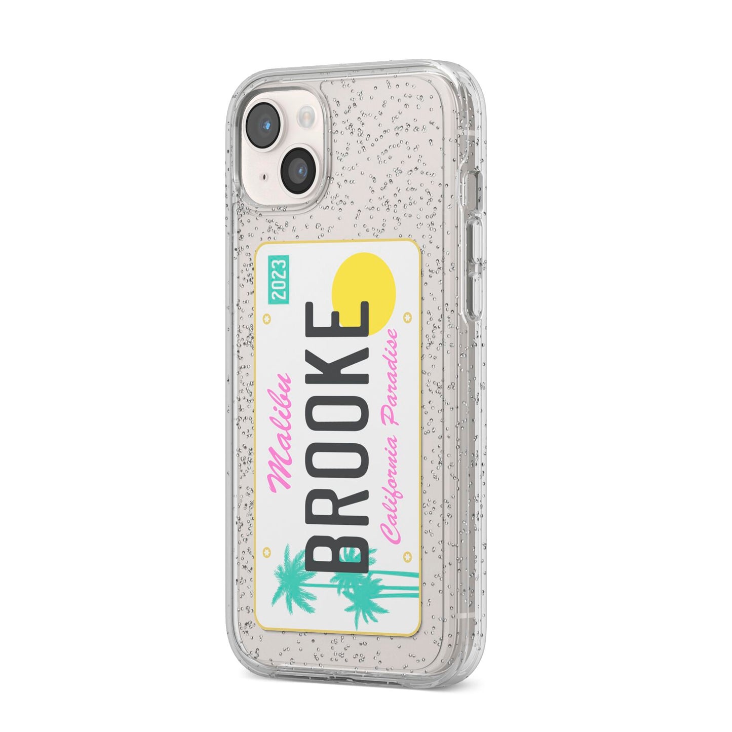 Personalised Malibu License Plate iPhone 14 Plus Glitter Tough Case Starlight Angled Image