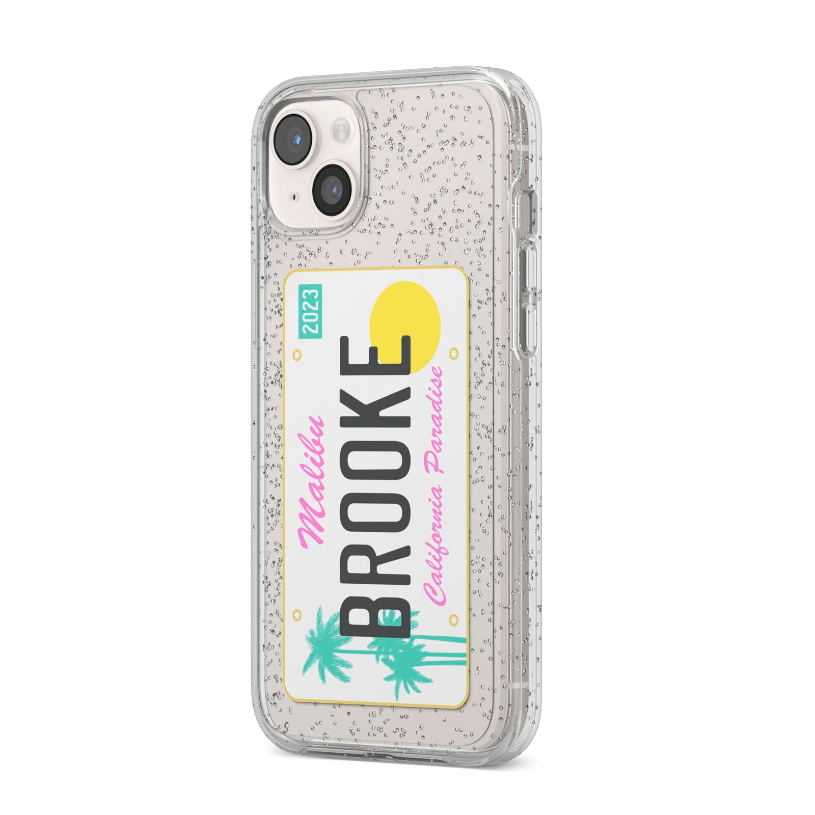 Personalised Malibu License Plate iPhone 14 Plus Glitter Tough Case Starlight Angled Image