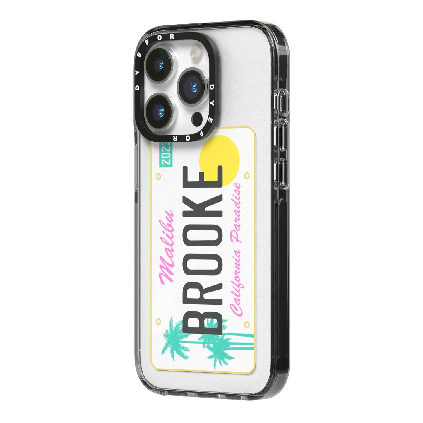 Personalised Malibu License Plate iPhone 14 Pro Black Impact Case Side Angle on Silver phone