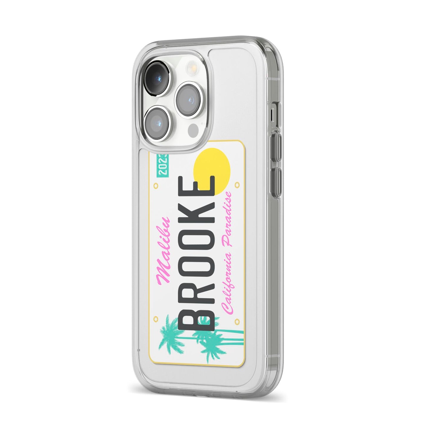 Personalised Malibu License Plate iPhone 14 Pro Clear Tough Case Silver Angled Image