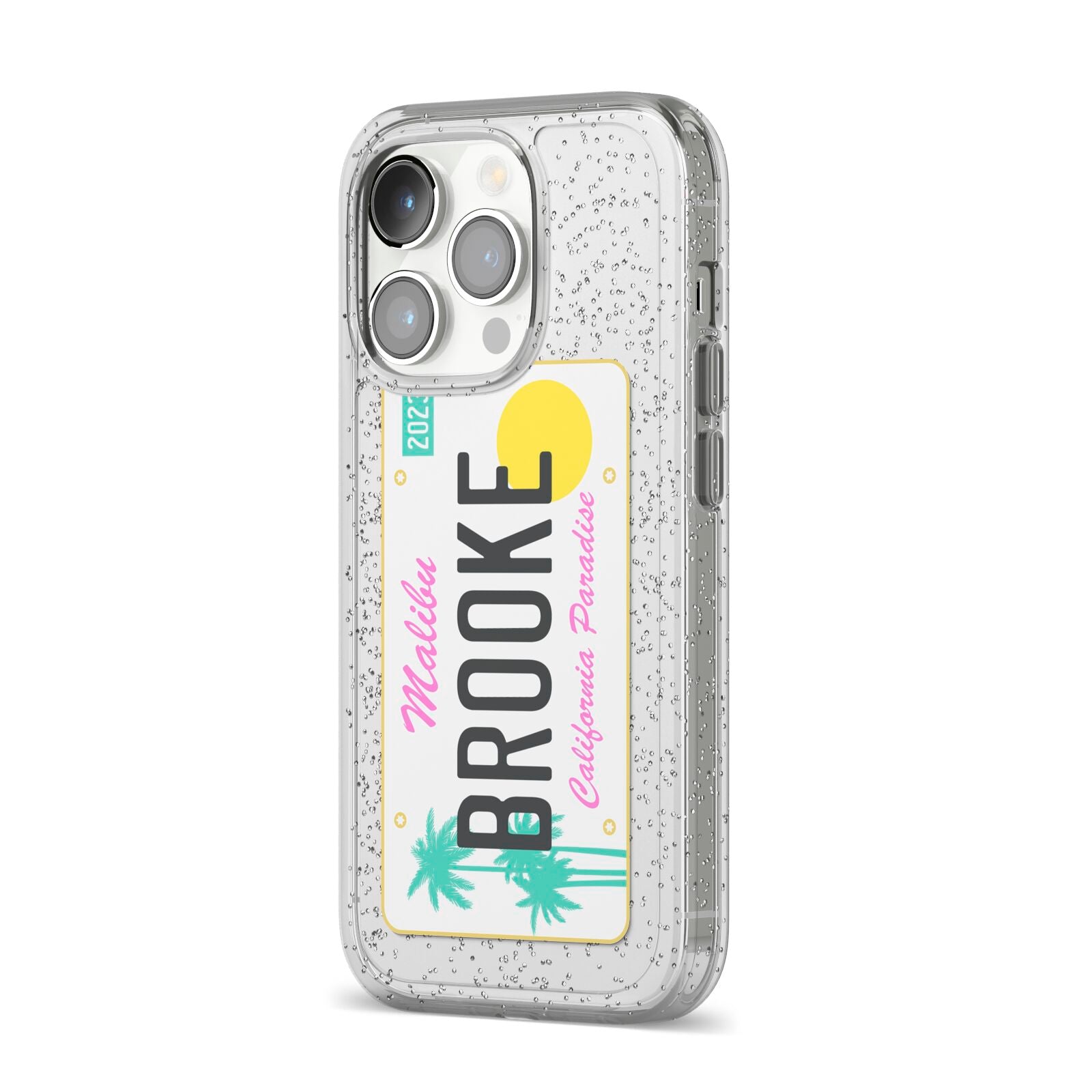 Personalised Malibu License Plate iPhone 14 Pro Glitter Tough Case Silver Angled Image