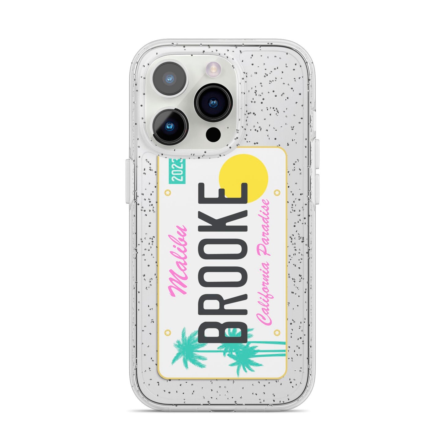 Personalised Malibu License Plate iPhone 14 Pro Glitter Tough Case Silver