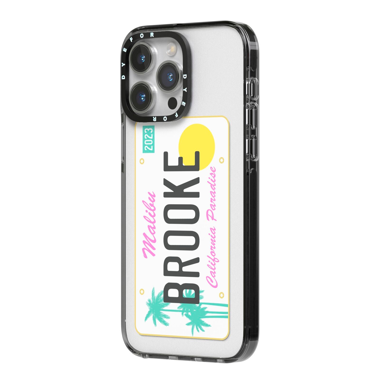 Personalised Malibu License Plate iPhone 14 Pro Max Black Impact Case Side Angle on Silver phone