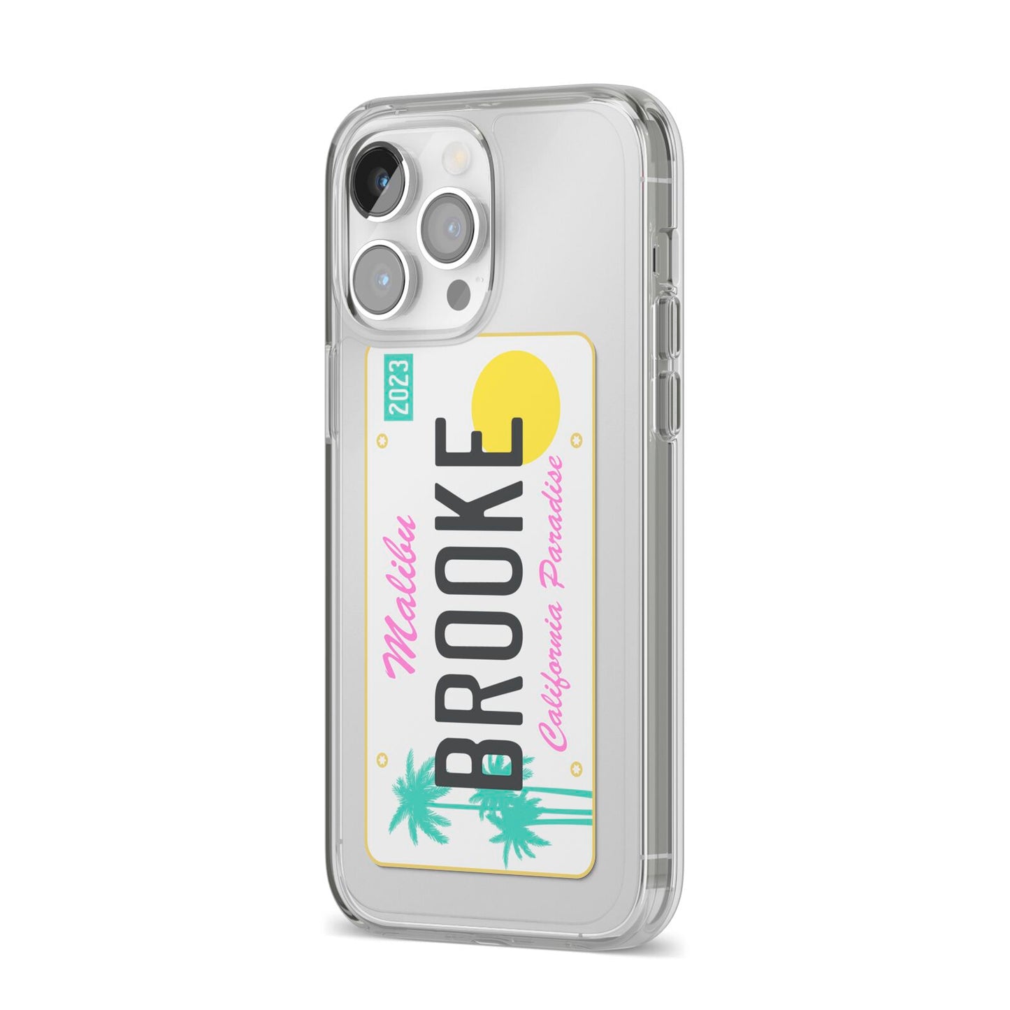 Personalised Malibu License Plate iPhone 14 Pro Max Clear Tough Case Silver Angled Image