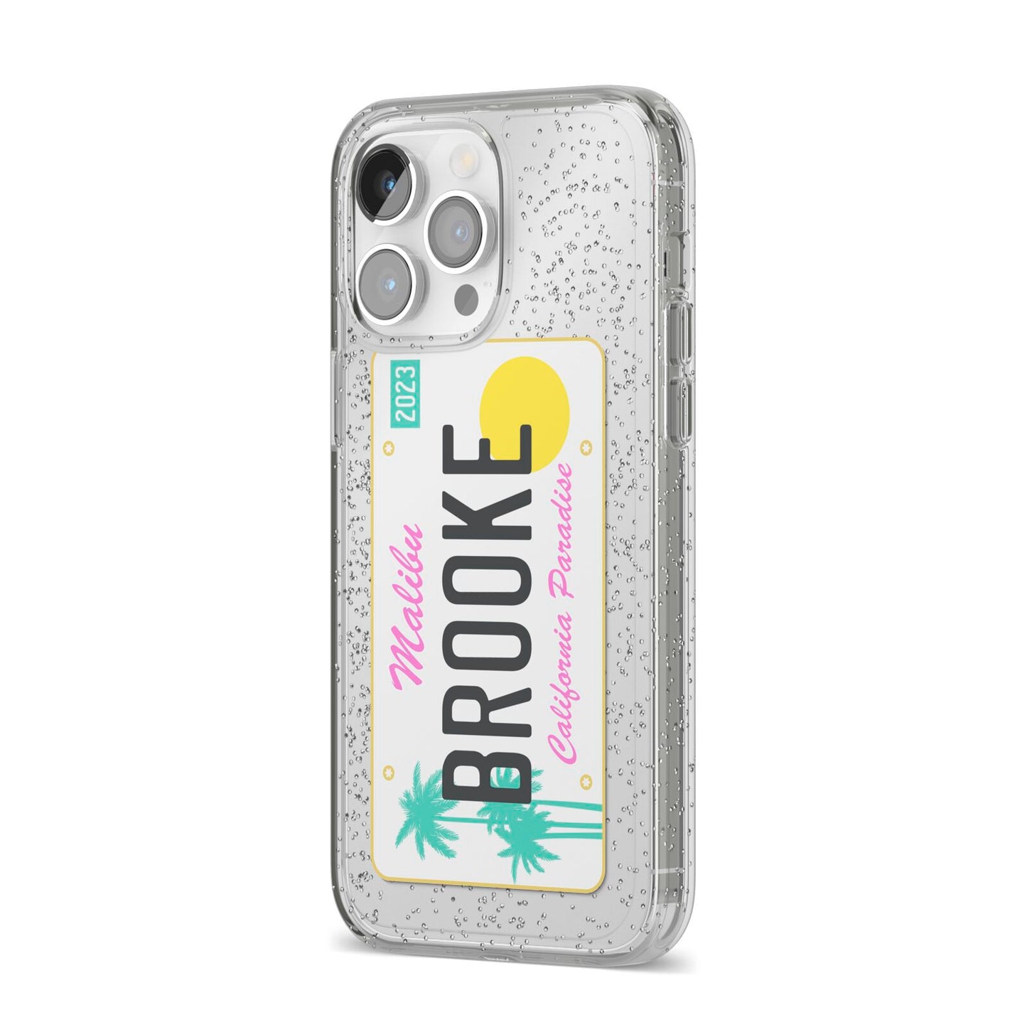 Personalised Malibu License Plate iPhone 14 Pro Max Glitter Tough Case Silver Angled Image
