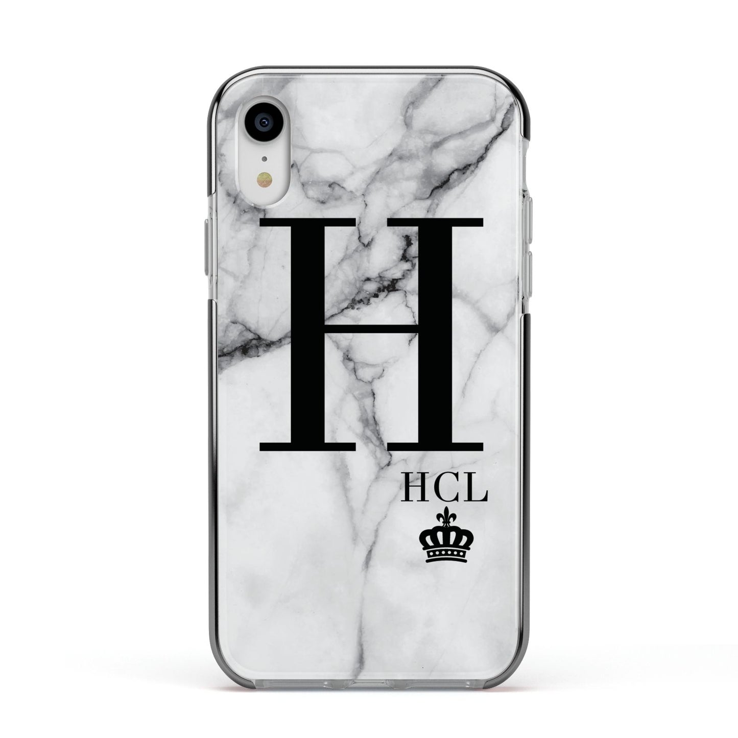 Personalised Marble Big Small Initials Apple iPhone XR Impact Case Black Edge on Silver Phone
