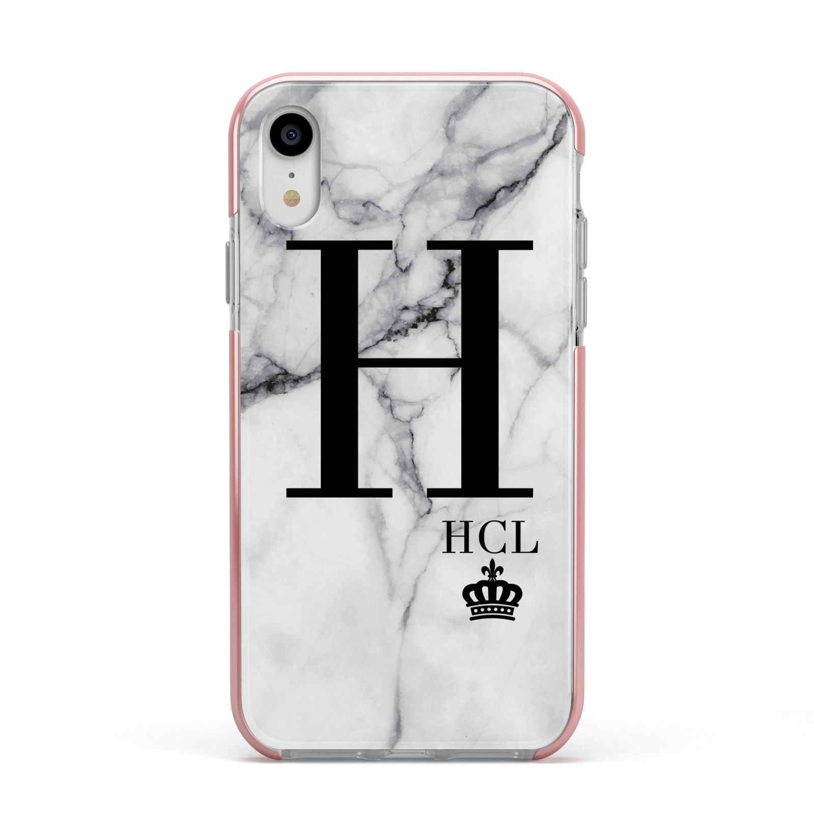 Personalised Marble Big Small Initials Apple iPhone XR Impact Case Pink Edge on Silver Phone