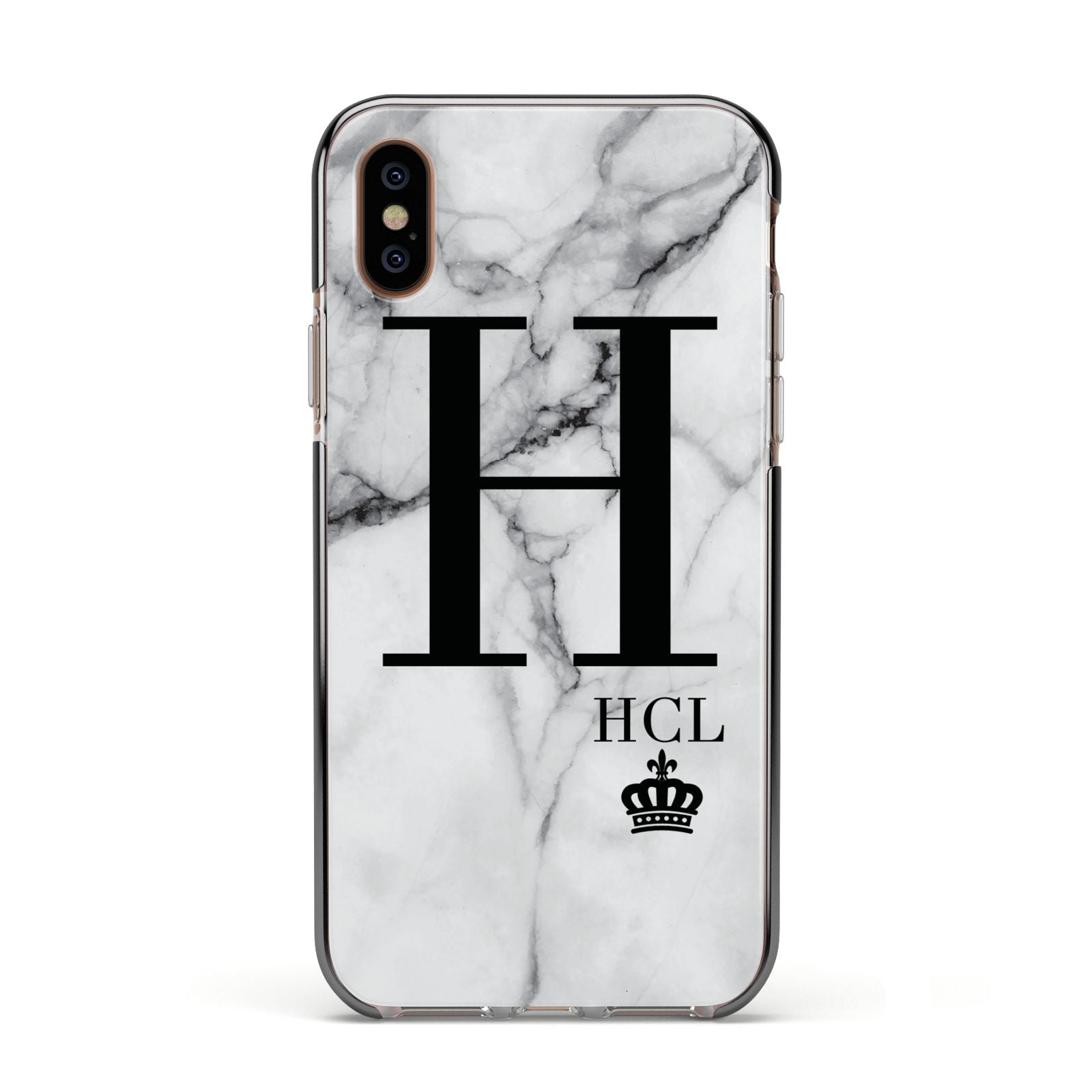Personalised Marble Big Small Initials Apple iPhone Xs Impact Case Black Edge on Gold Phone