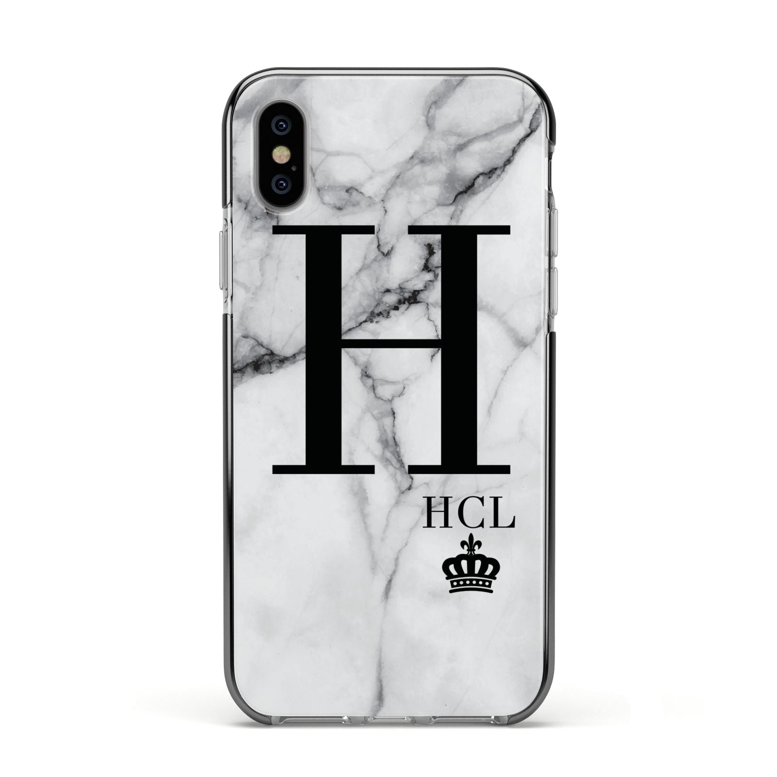Personalised Marble Big Small Initials Apple iPhone Xs Impact Case Black Edge on Silver Phone