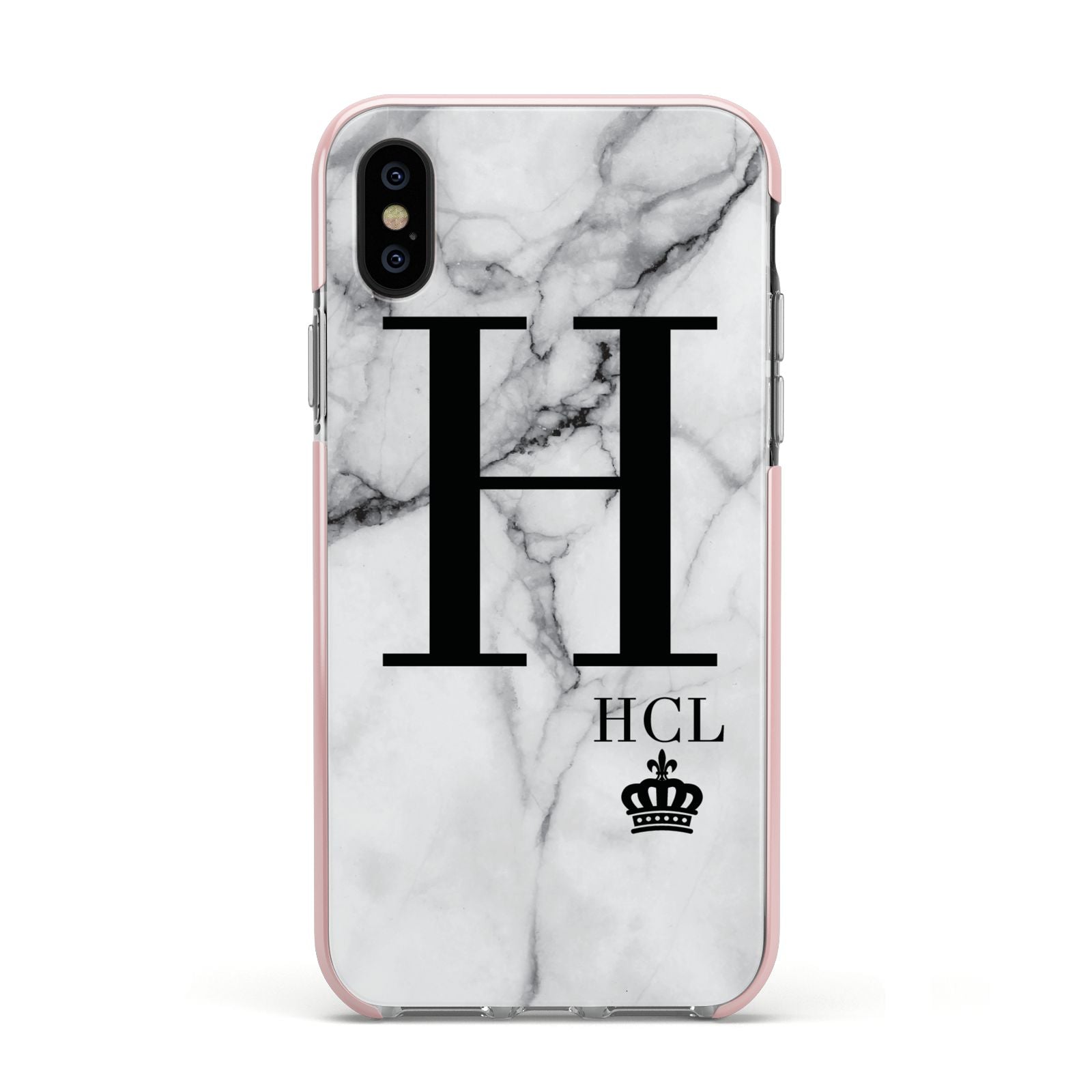 Personalised Marble Big Small Initials Apple iPhone Xs Impact Case Pink Edge on Black Phone