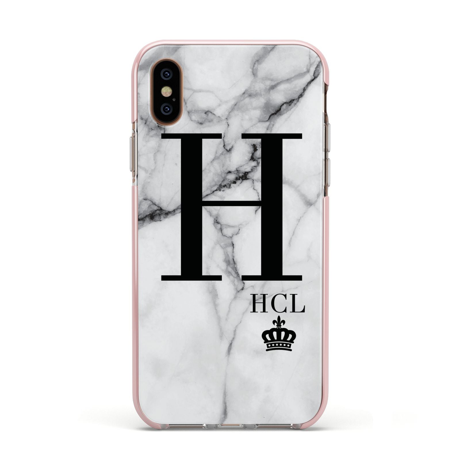 Personalised Marble Big Small Initials Apple iPhone Xs Impact Case Pink Edge on Gold Phone