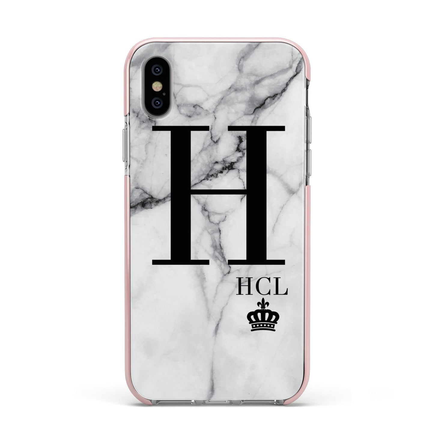 Personalised Marble Big Small Initials Apple iPhone Xs Impact Case Pink Edge on Silver Phone